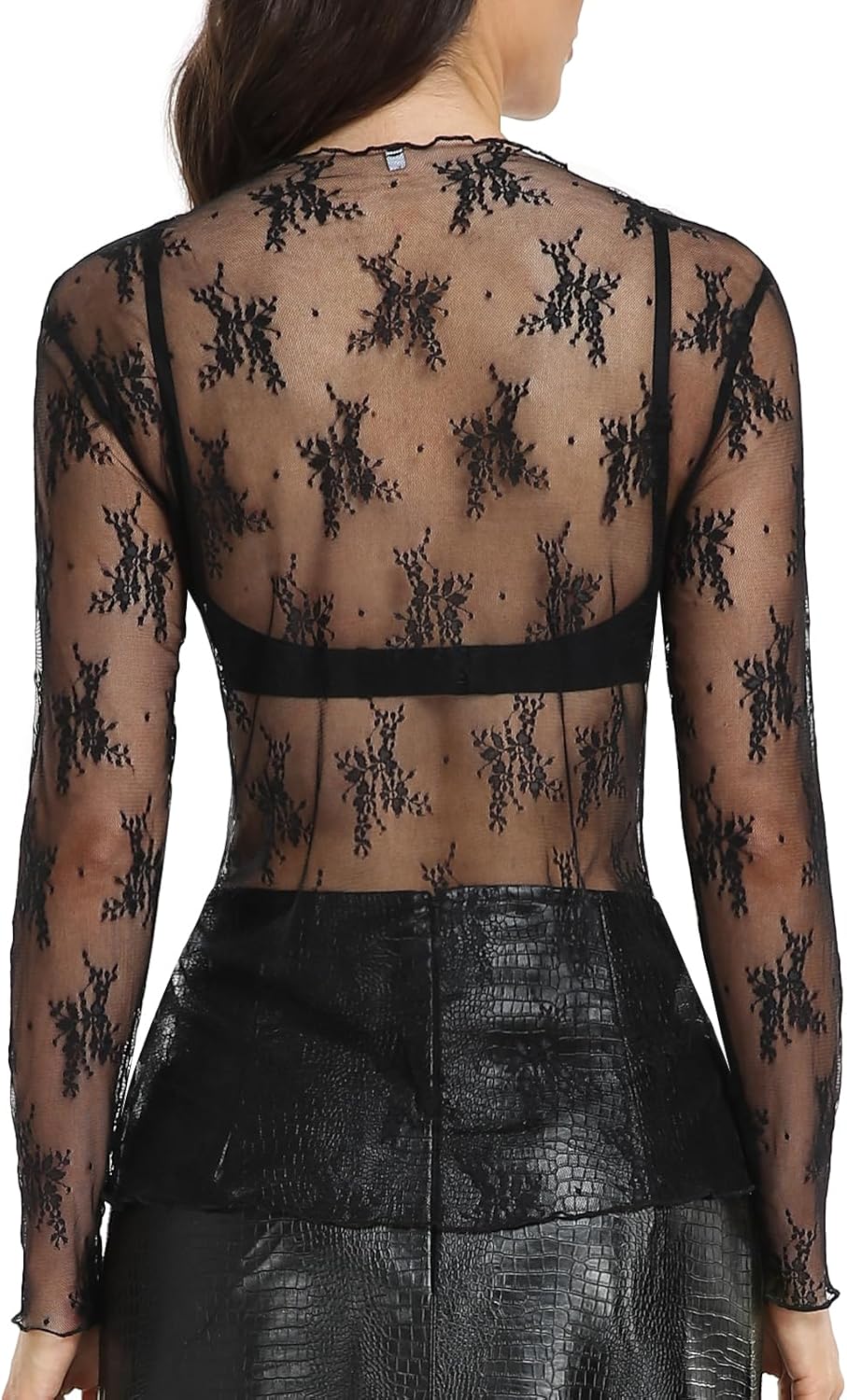 Yincro Womens Lace Tops Long Sleeve Floral Mesh Sheer Shirts Mock Neck See Through Sexy Blouse Top (Black, XXL) - Image 2