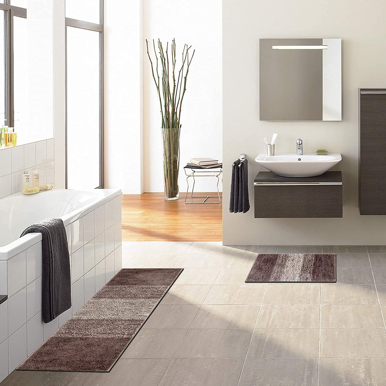 Vaukki Luxury Soft Bathroom Rugs Set of 2, Non Slip Washable Plush Bath Floor Mats, Microfiber Shaggy Absorbent Striped Bath Carpet for Tub, Bathroom and Shower (18''x26''+18''x47'', Coffee) : Home & Kitchen