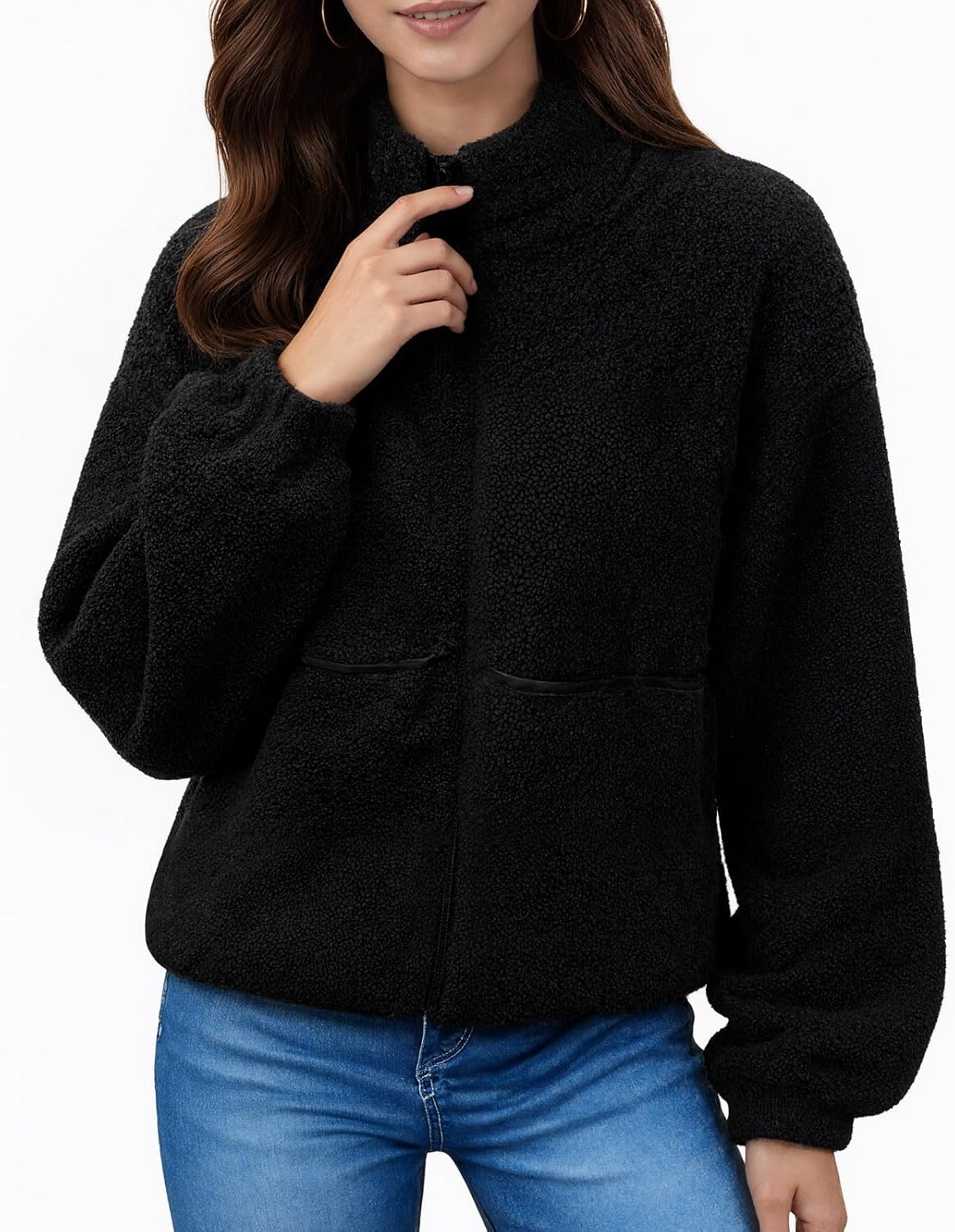 Womens Sherpa Jackets Teddy Faux Fur Fleece Coats Oversized Zip Up Long Sleeve Warm Outerwear Jacket with Pockets - Image 5