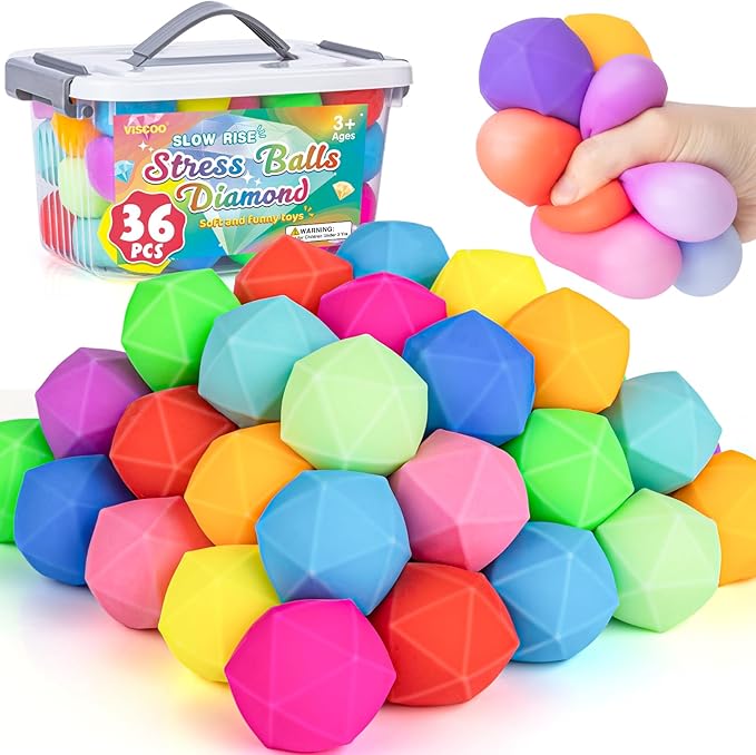 VISCOO 36 Pack Diamond Slow Rising Stress Balls, Soft Stress Cube, Cube Squishy Fidget Toys for Anxiety Relief, Dough Squeeze Toys for Classroom Prize, Party Favors for Kids Adults