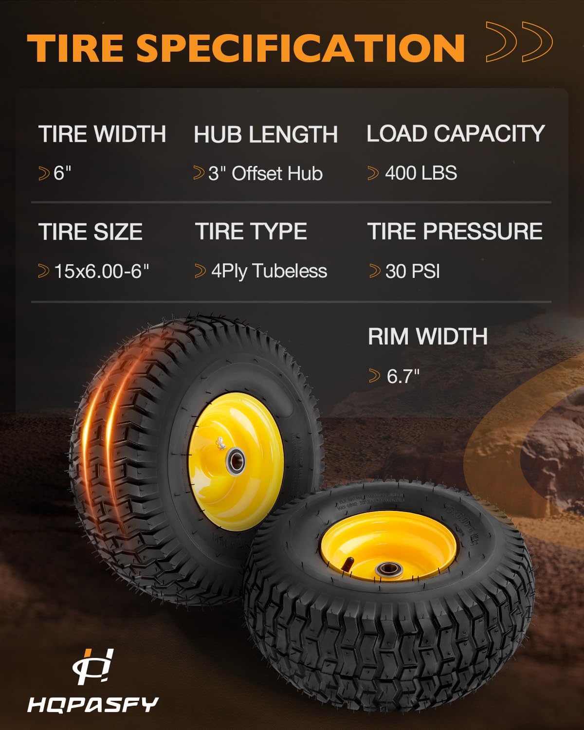 HQPASFY 2 Pack 15x6.00-6 Tubeless Lawn Mower Tires and Wheel Assembly, Replacement Lawn Mower Front Tires, 3" Offset Hub 3/4" Bushing for Riding Mowers, Lawn Tractors