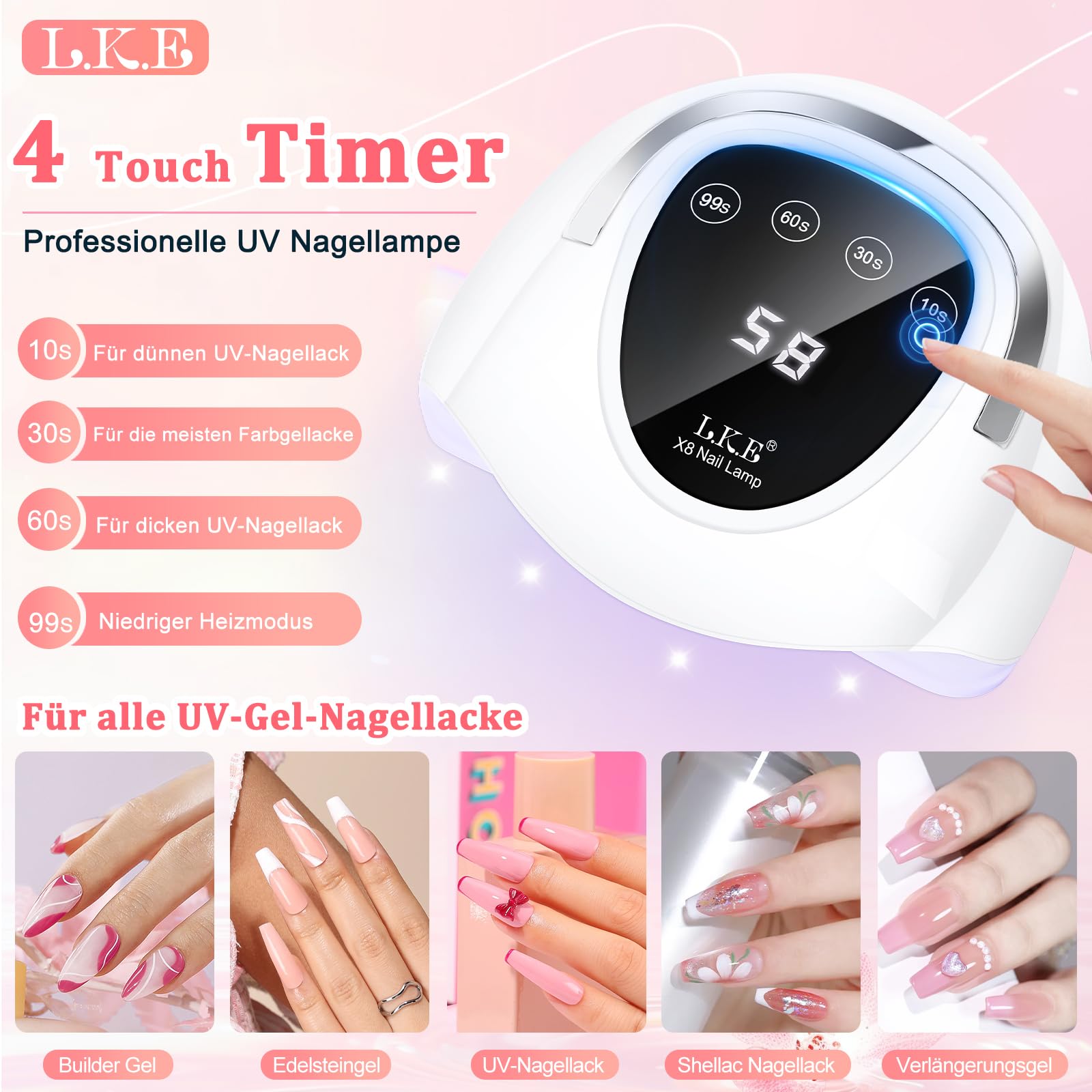 LKE UV Lampe für Gelnägel 168W led lampe nägel UVs Lampes Nägel mit 4 Timer LCD Display Smart Sensor Premium Nageltrockner UV LED Lampe für Nägel Professionelle Nagellampe für Zuhause & Nagelstudio