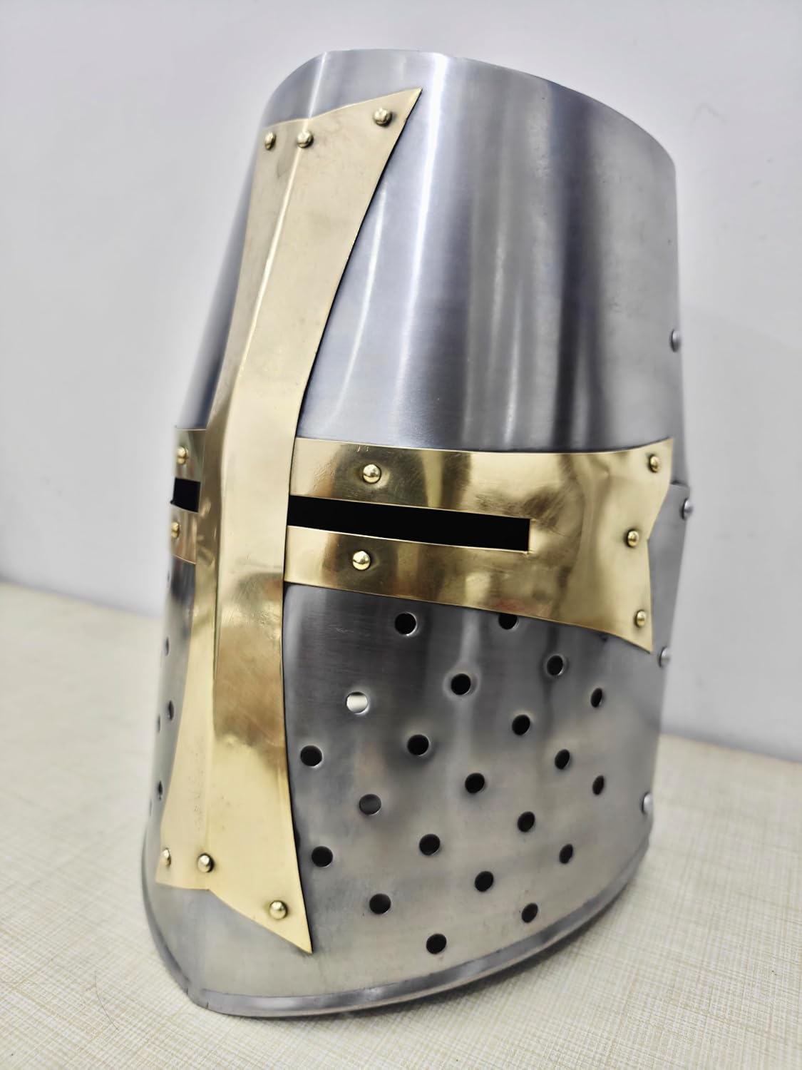 Medieval Crusader Great Helm, Knight Templar Replica Helmet, Silver and Brass Finish, Adult Costume Armor