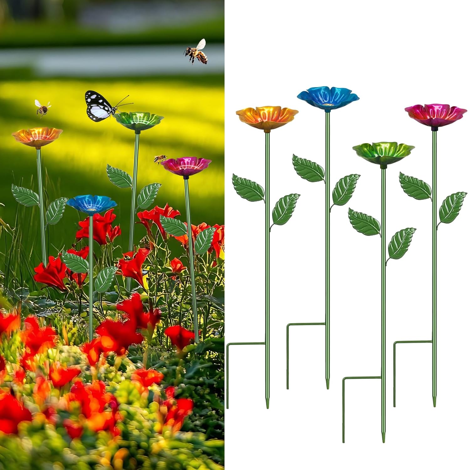 4 Pack Bee Watering Station,Colorful Metal Insect Bath Feeder for Garden, Butterfly Feeder and Bird Drinking with Flower Design, Outdoor Yard Decor (Red, Blue,Yellow,Green) 4 Pack Flower-Red, Blue,Yellow,Green