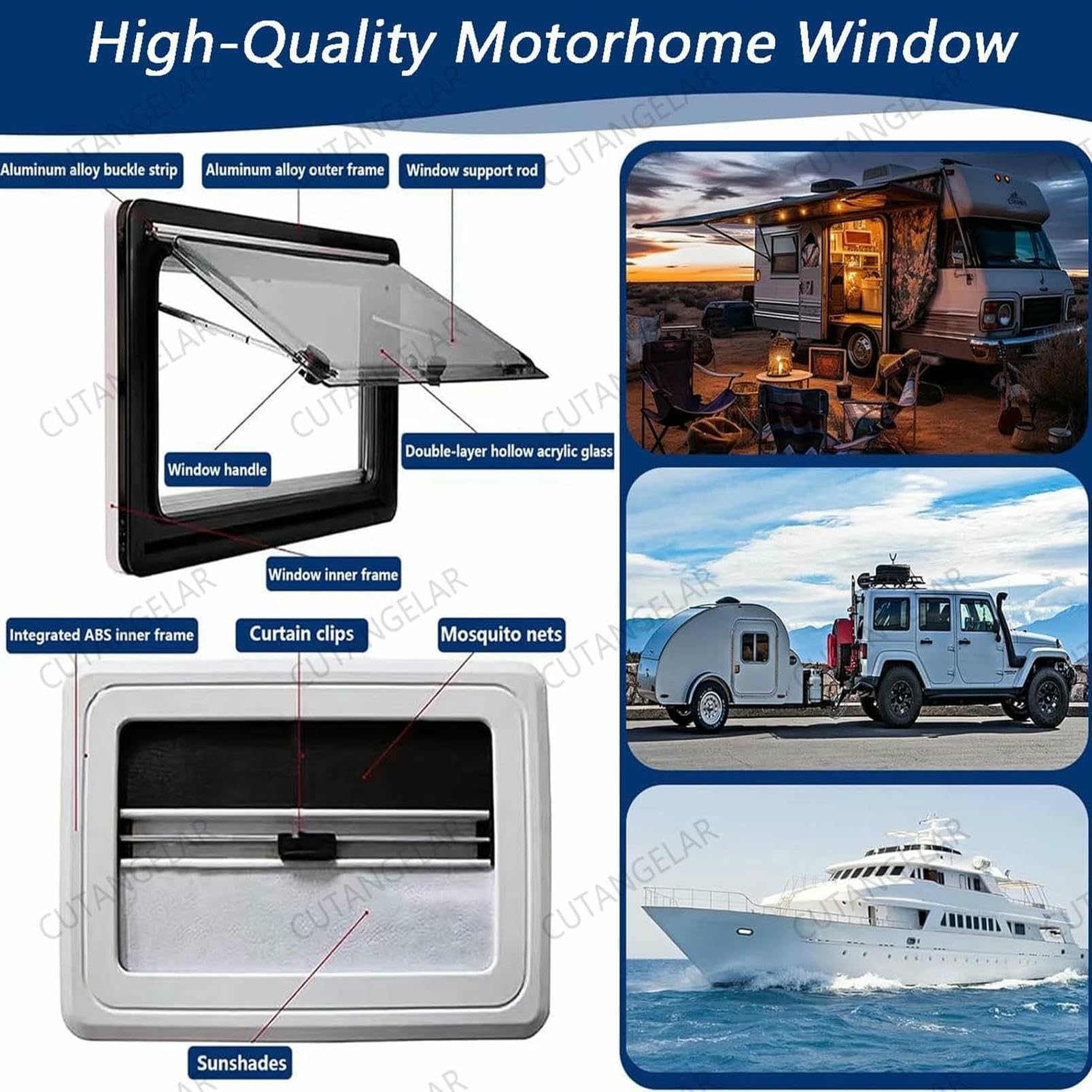 Finestra per camper, in alluminio leggero, doppio acrilico con protezione UV, parasole e schermo integrati, apertura a 70° per rimorchi e camper