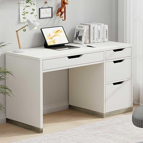 Escritorio blanco con cajones, escritorio pequeño de computadora de 48 pulgadas con 4 cajones de almacenamiento para espacios pequeños, escritorio