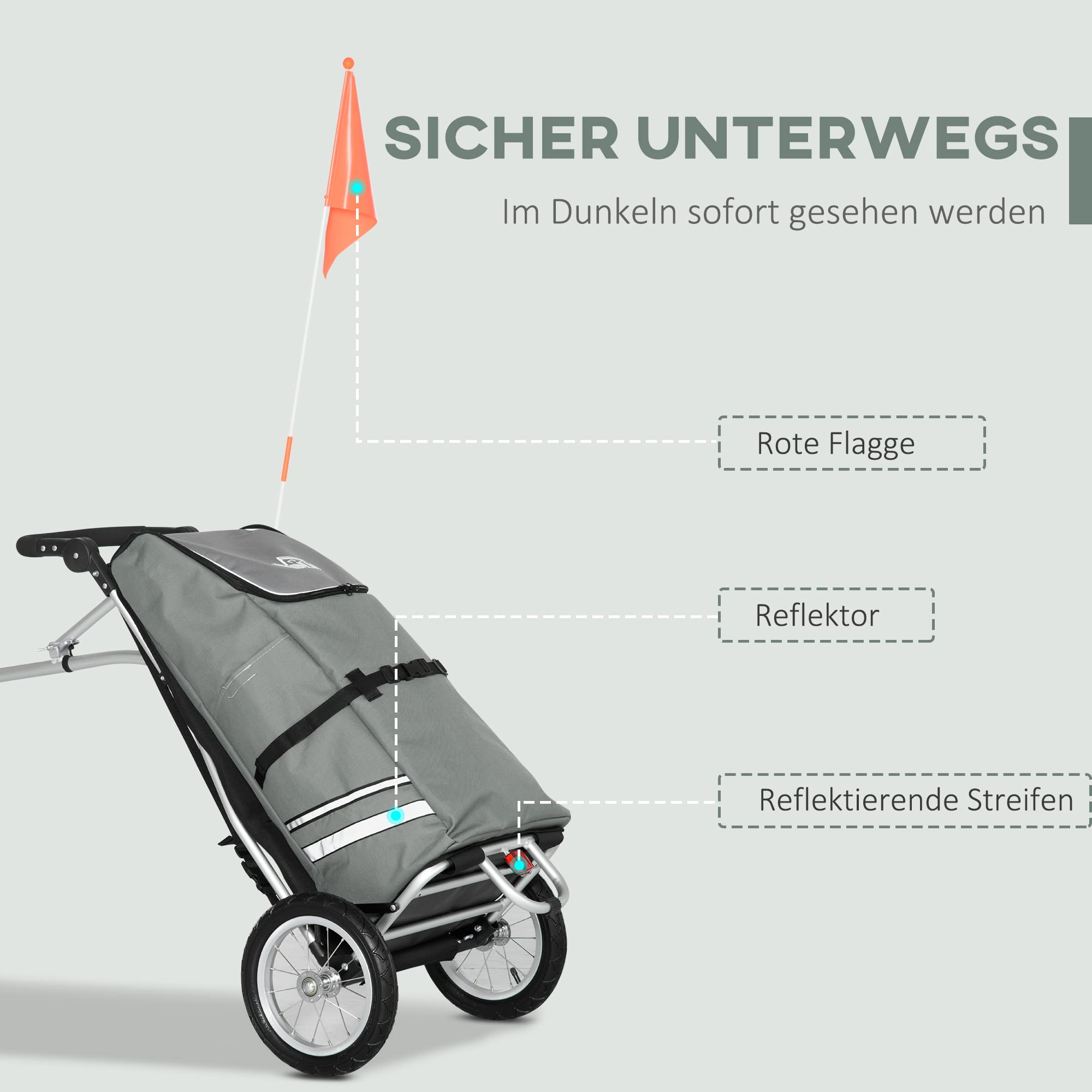 HOMCOM 2 in 1 Lastenanhänger Fahrradanhänger Grau+Silber 53x43x110 cm | Einkaufstrolley, Transportanhänger, mit Verbindungsschellen für Fahrradkupplung, 24,3 kg Max, 55 L, Alu+Oxford