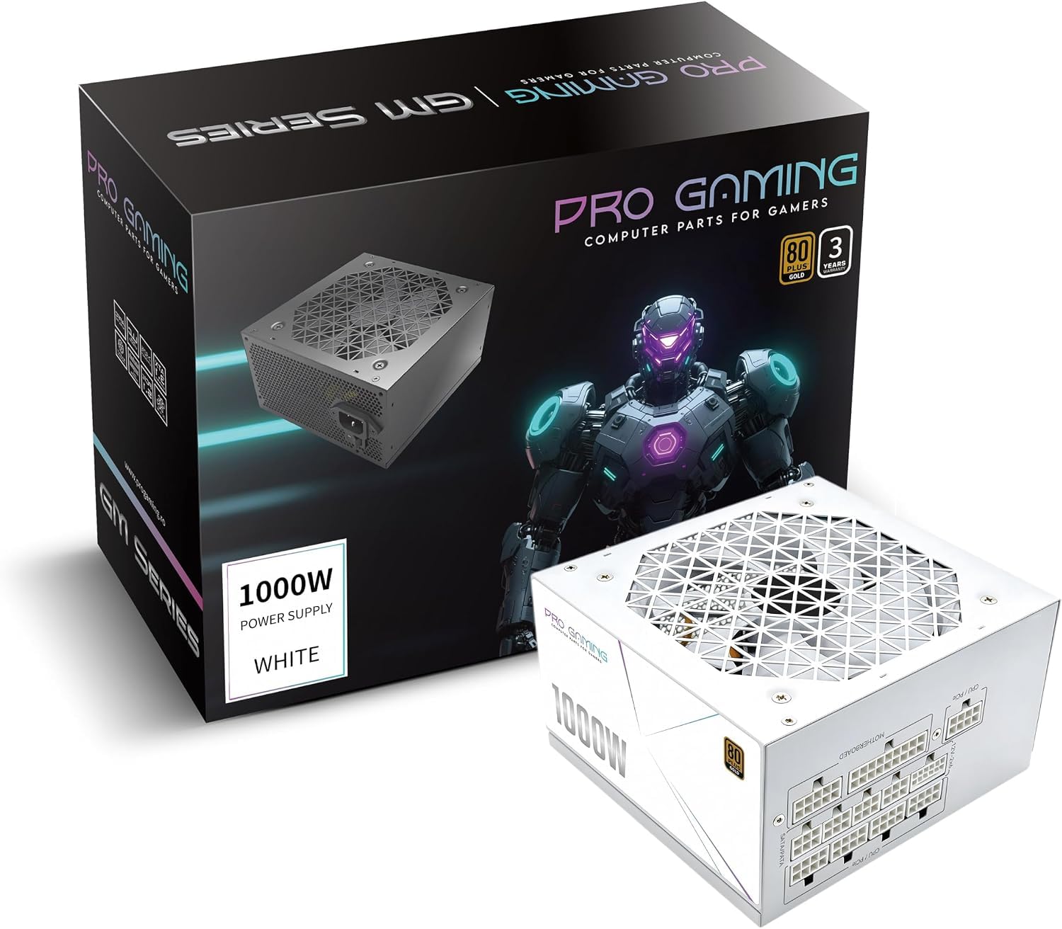 Alimentatore PC ATX ProGaming 1000W 80 Plus Gold, Completamente Modulare, PCIe 5.0, Connettore a 16 Pin 12VHPWR, PFC Attivo, DC-DC, Condensatori Giapponesi, Ventola da 120 mm I-Stop, Bianco