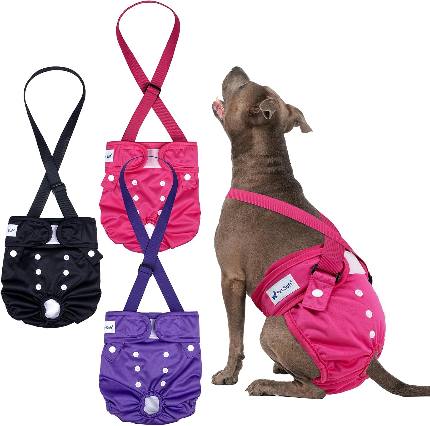 Pet Soft Washable Female Dog Diapers with Adjustable Suspenders (3 Pack) Escape-Proof & Super Absorb Reusable Diapers for Heat, Training Incontinence Breathable Secure Fit for Girl Dogs (BerryMix, L)