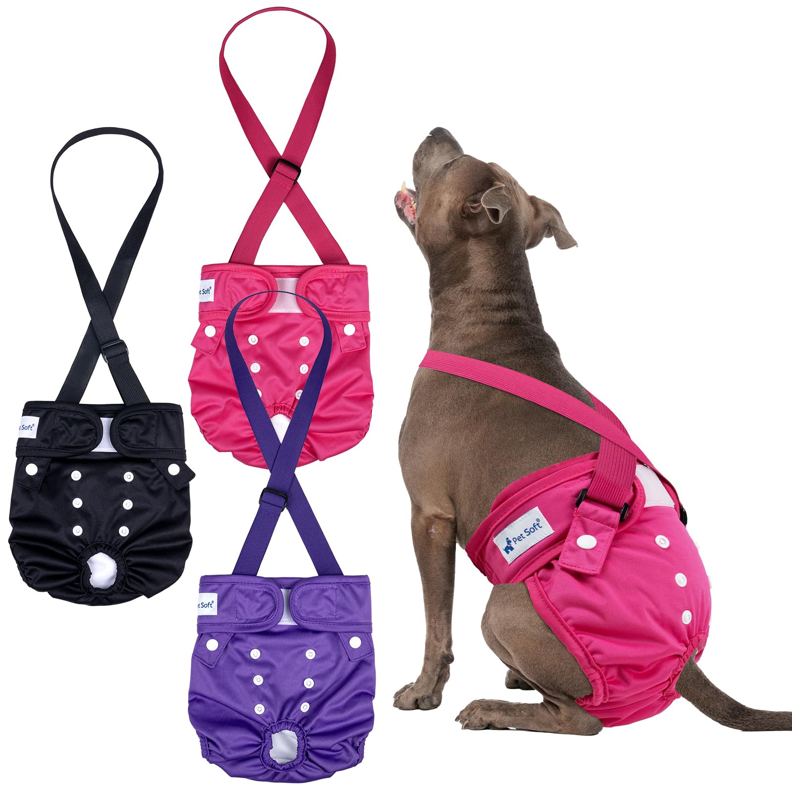 Photo 1 of Pet Soft Dog Diapers Female with Suspenders, 3 Pack Reusable Female Dog Diapers for Heat, Dog Period Panties for Doggie in Cycle(Large, Berry Mix)