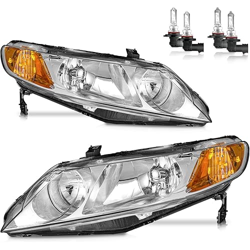 Headlights W/Bulbs for 2006-2011 Honda Civic 4-Door Halogen Headlamp Replacement Driver & Passenger Side