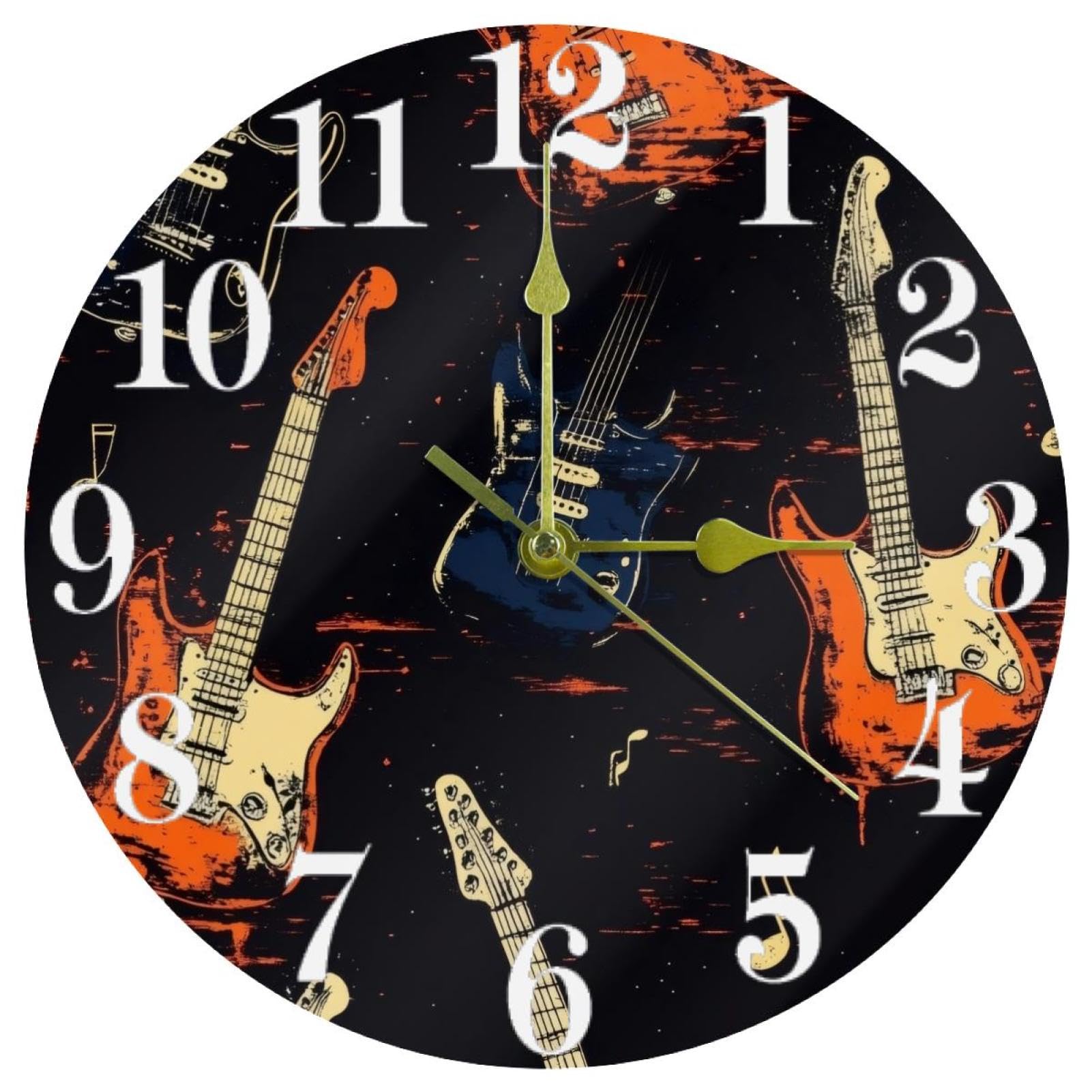 Horloge murale guitare bleue et orange - Idée décoration originale pour les musiciens