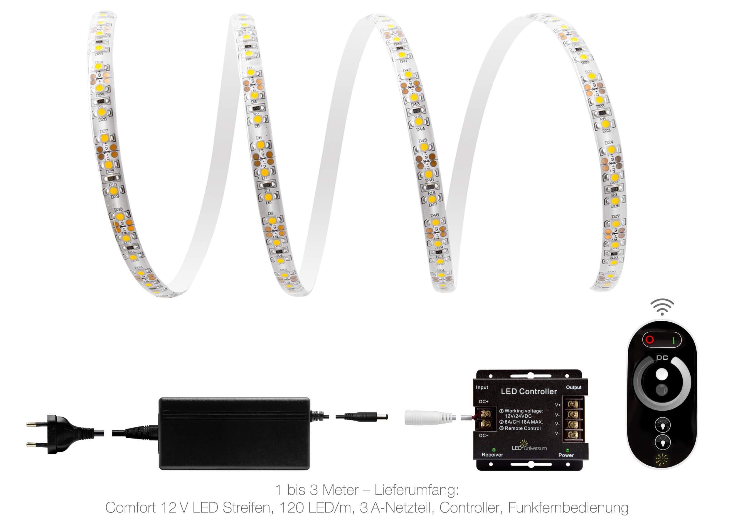 1 metro muy HELLERMANN warmweißer tira LED (120 LED/M, IP65, 12 V), incluye controlador, mando a distancia y fuente de alimentación