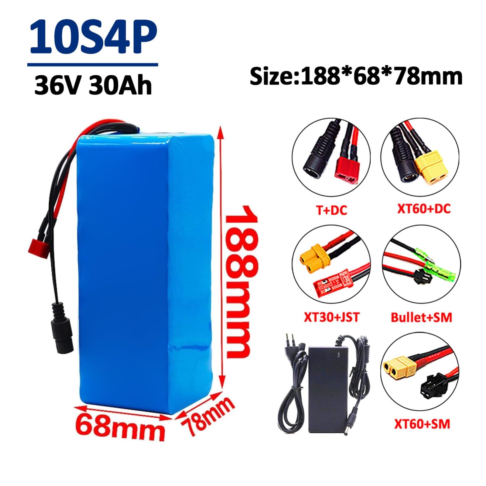 Batería De Bicicleta Eléctrica 36V 30Ah Con Protección BMS, Litio 10S4P Cargador For Go-Kart, Scooter, Triciclo XT60+SM(T+DC)