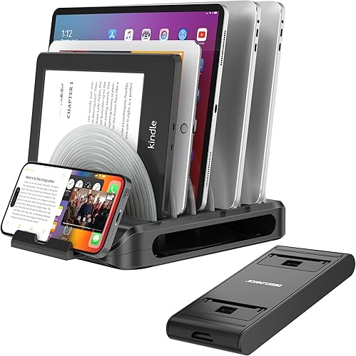 Soporte vertical para computadora de escritorio, organizador patentado para laptop, soporte múltiple con 6 divisores, soporte para teléfono