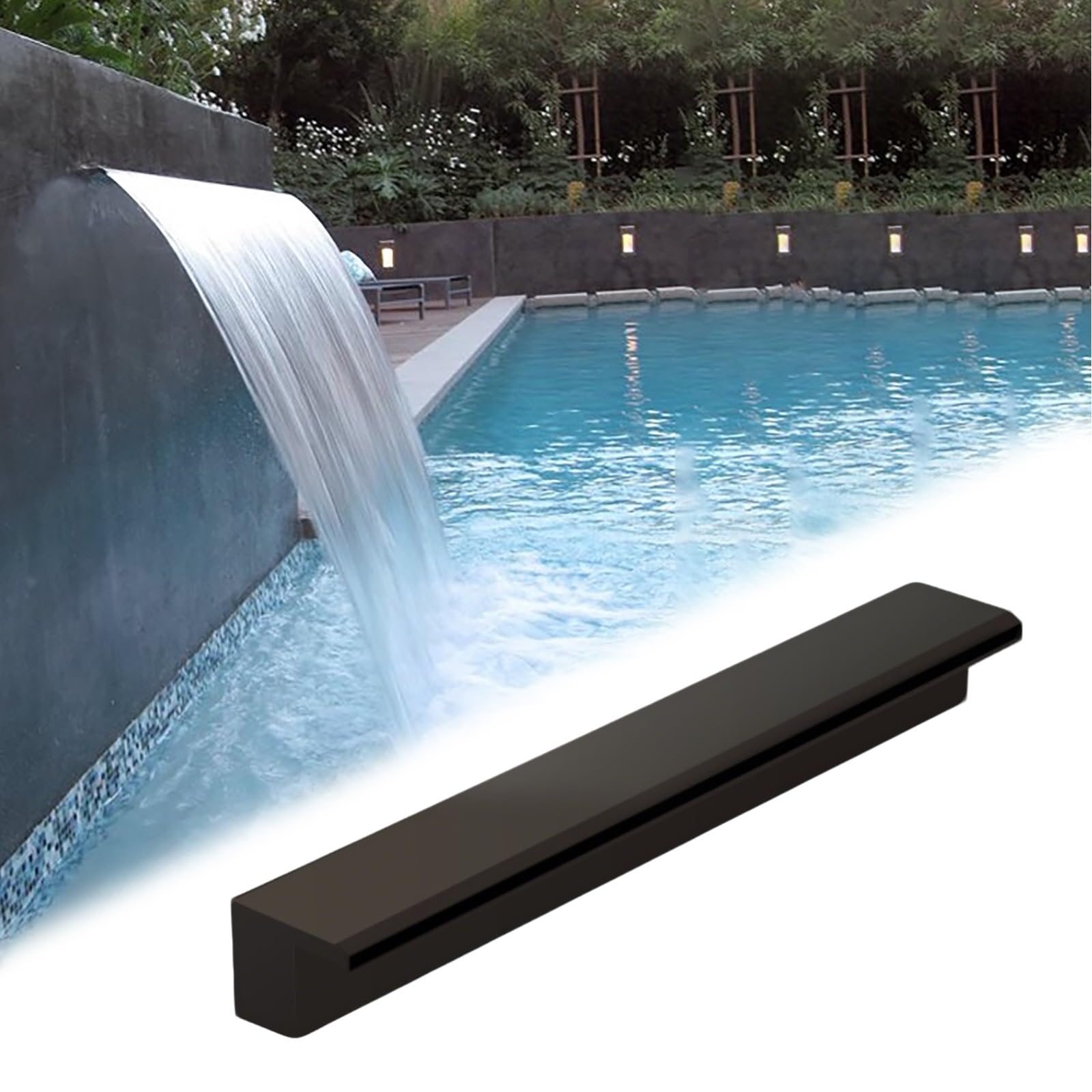 Wall Mounted Spillway Waterfalls Pool Fountain with Connector, Uniform Waterfall Flow Spillway Kit for Patio/Deck/Pond, Heavy Duty Stainless Steel Water Feature(Black,12in/30.5cm)