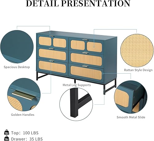 Miniatura 5 de Fiogmub Cómoda de ratán con 6 cajones, cómoda, moderna de mediados de siglo, almacenamiento de muebles de bambú de madera, armario de