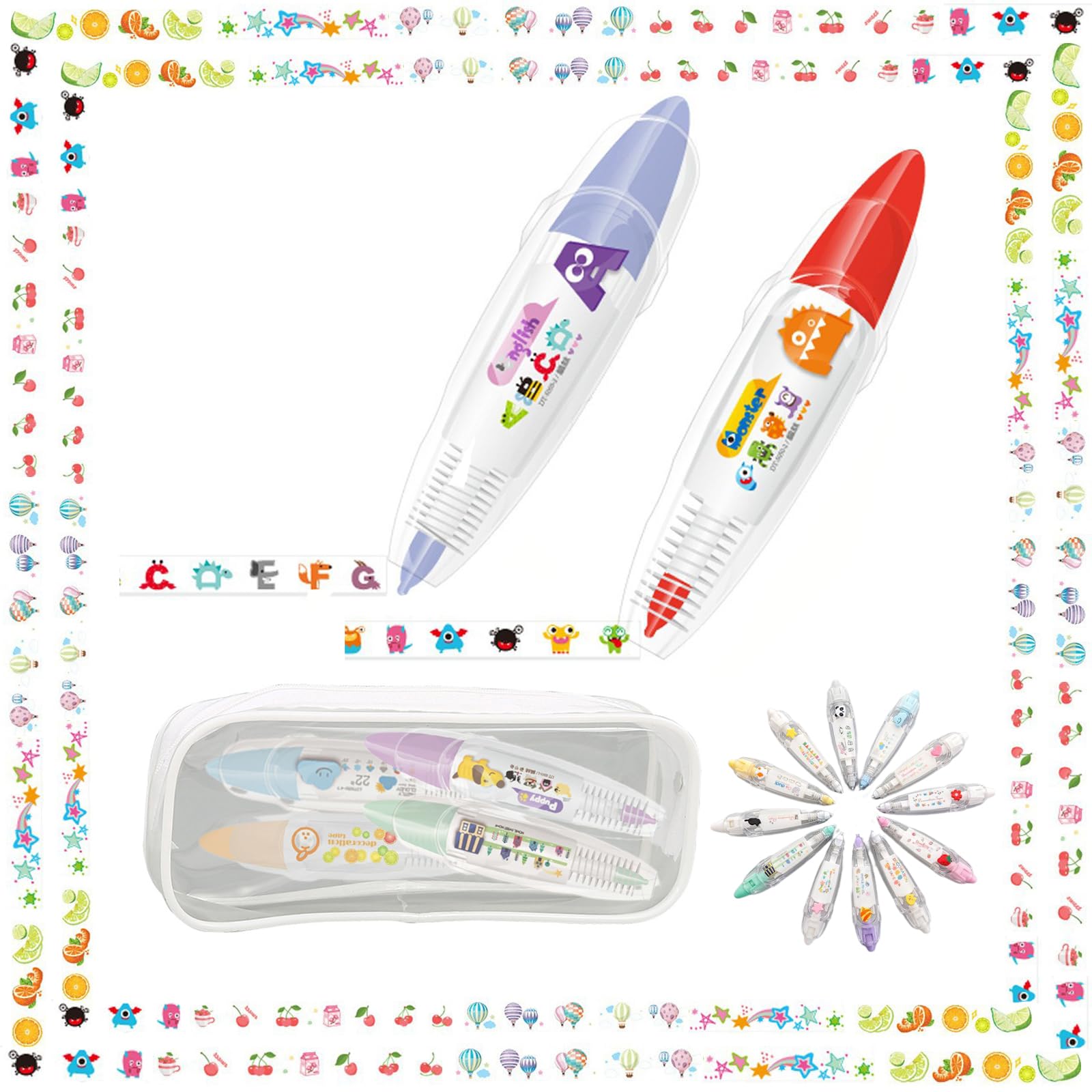 DIY Cute Animals Press Type Decorative Pen, 2023 New DIY Lace Decoration Tape Pen,Creative Cartoon Pattern Decorative Tape,Cute Scrapbooking Diary Decorative Correction Tapes (C(2Pcs))