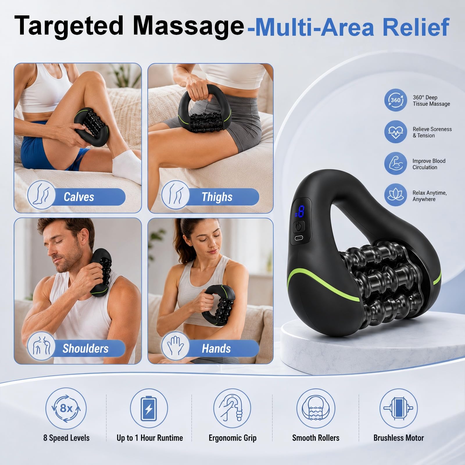 Elektrischer Hand-Massageroller mit Rollen, Kabelloses Tiefengewebsmassage mit 8 Geschwindigkeiten und 24 Massagepunkten, 2000mAh Elektrische Faszienrolle für Rücken Nacken Schultern Beine