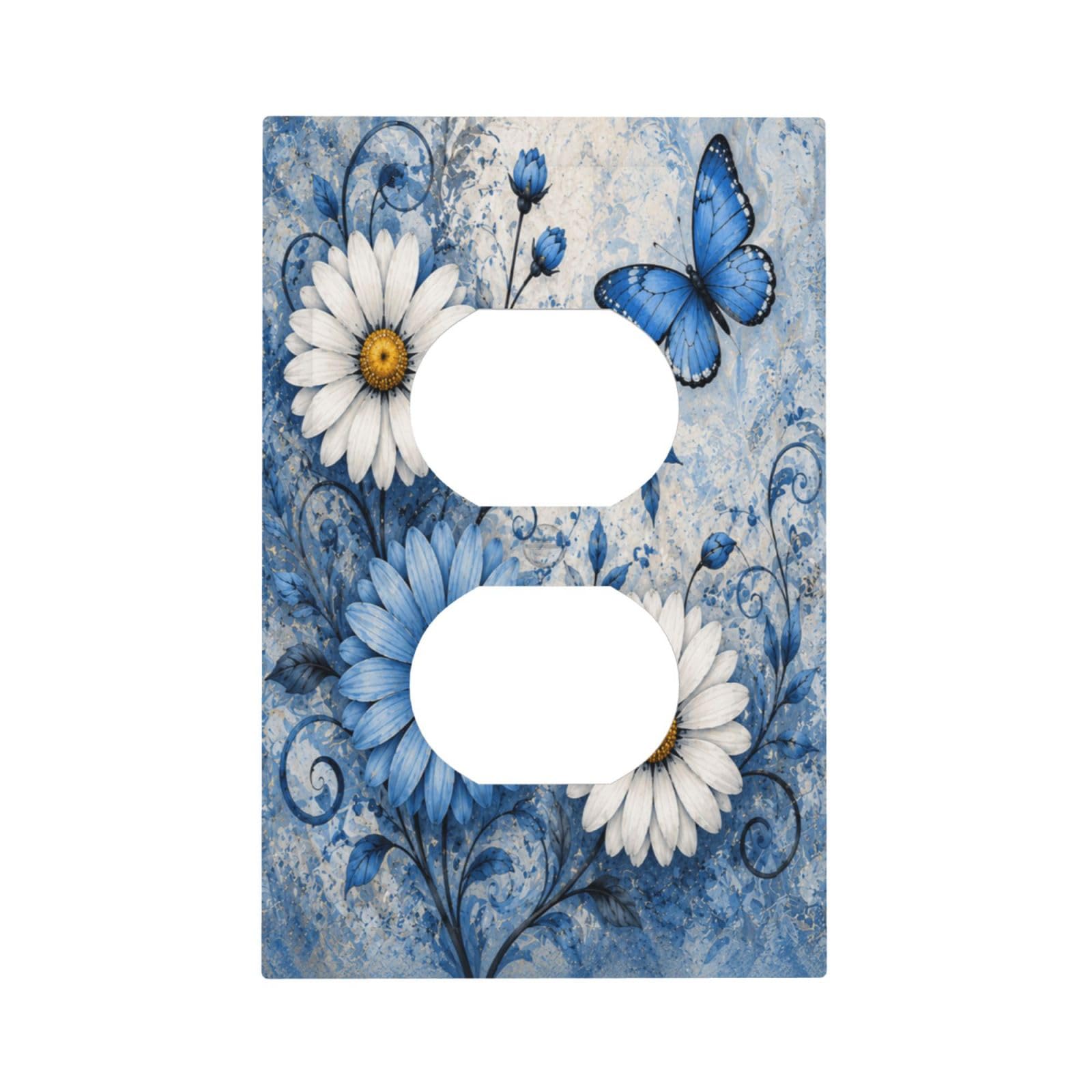 Xuejiaku Outlet Covers White Blue Daisy Floral & Butterfly Decorative 1 Gang Duplex Light Switch Covers Single Electrical Receptacle Wall Plate Vintage Watercolor Flower Switchplate for Home Decor