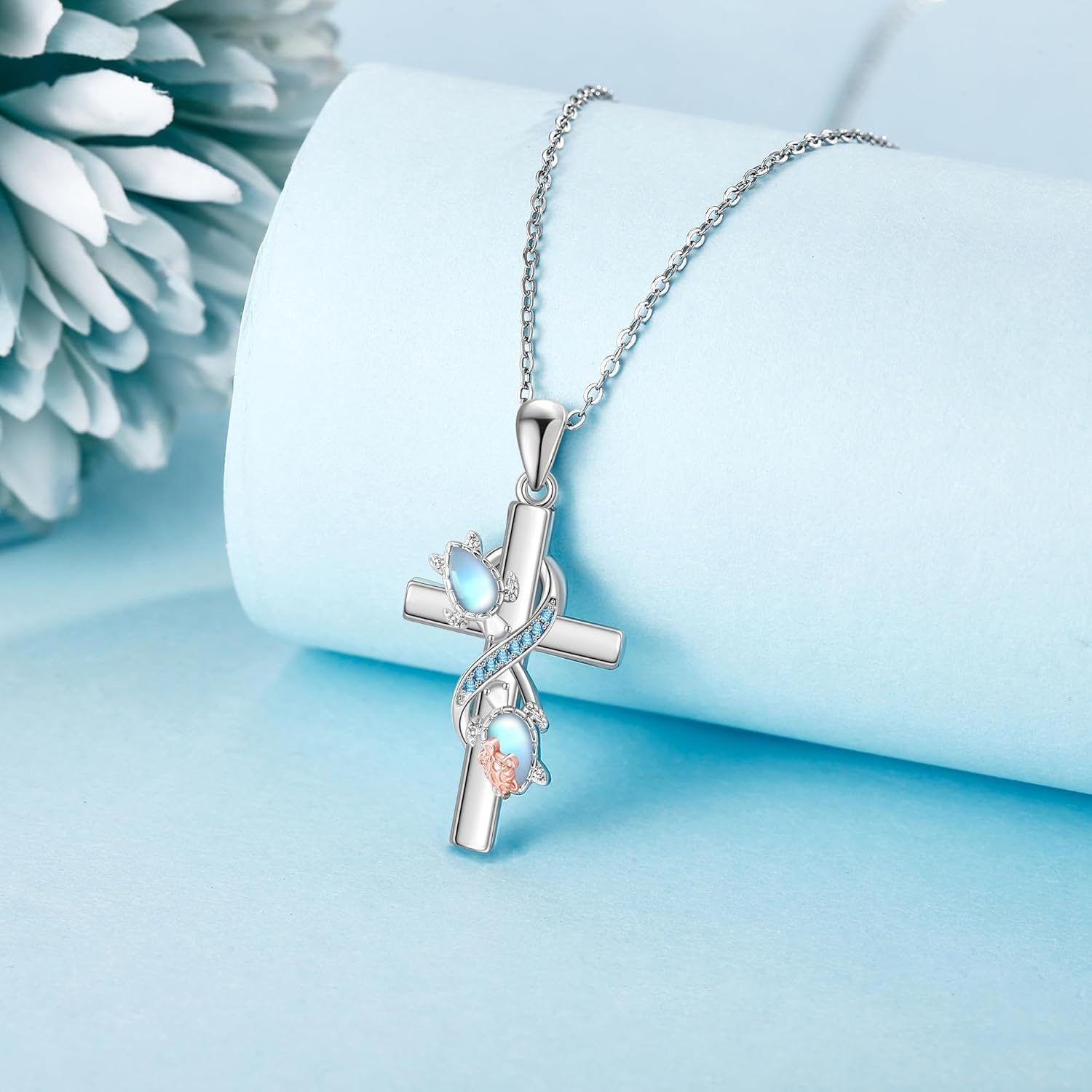 Turtle Cross Necklace Sterling Silver Moonstone Sea Turtle Pendant Ocean Animal Mother's Day Jewelry for Women - Image 3