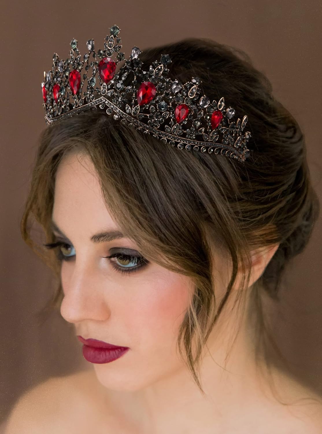 SWEETV Gothic Red Tiaras and Crowns for Women, Wedding Tiara for Bride, Crystal Princess Tiara, Ruby Queen Crown, Costume Party Hair Accessories for Brithday Prom Halloween - Image 3