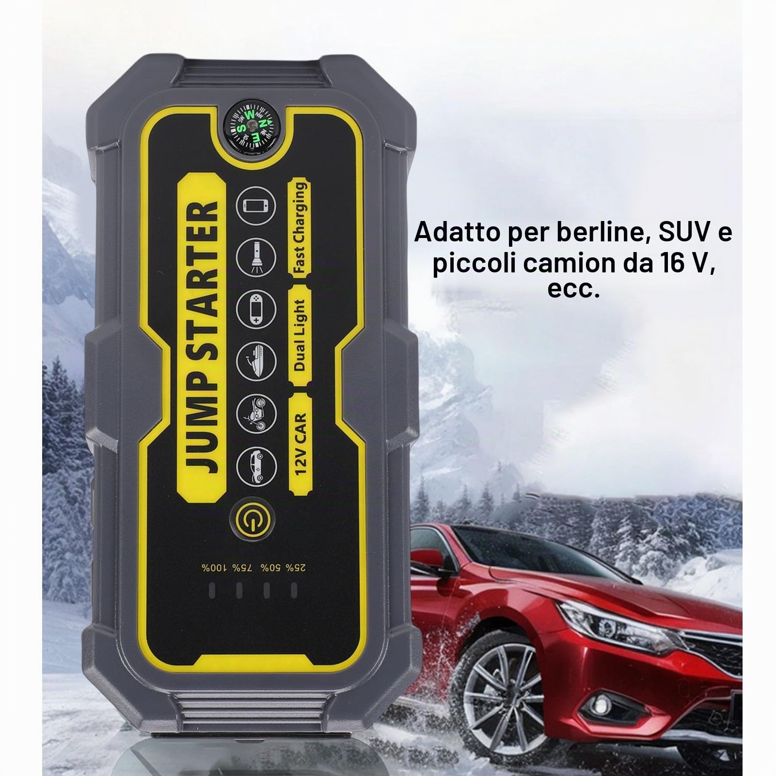 Avviatore di Emergenza per Auto 6000A, Batteria Portatile da 12 V con Ricarica Rapida PD e Display Digitale, per Motori a Gas Fino a 7,0 Litri o 5,5 Litri, (Unità principale+Morsetto