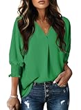 Women Blouses Dressy Casual V Neck 3&sol;4 Length Sleeve Womens Tops with Smocked Cuffs