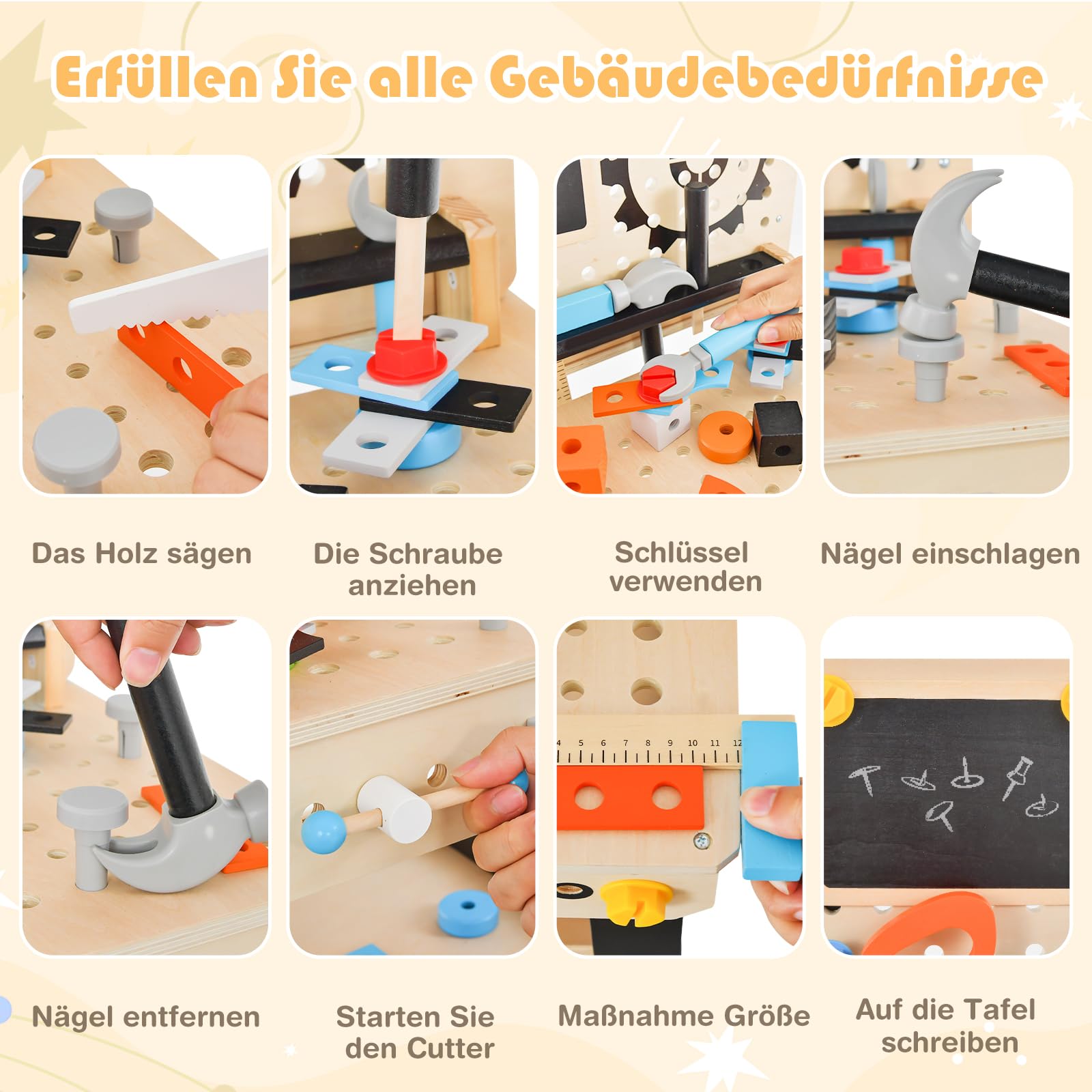 GOPLUS Kinderwerkbank mit Arbeitsplatte, hängendes Werkzeugregal & offene Ablage, Werkzeugbank aus Holz mit 6er Werkzeuge & 75 Holzteile, Holzwerkbank für Kinder ab 3 Jahre