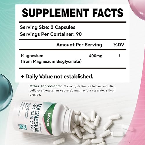 Miniatura 8 de Glicinato de magnesio 400 mg por porción, 100% quelado para una alta absorción, suave para el estómago, sin OMG, 90 cápsulas vegetarianas