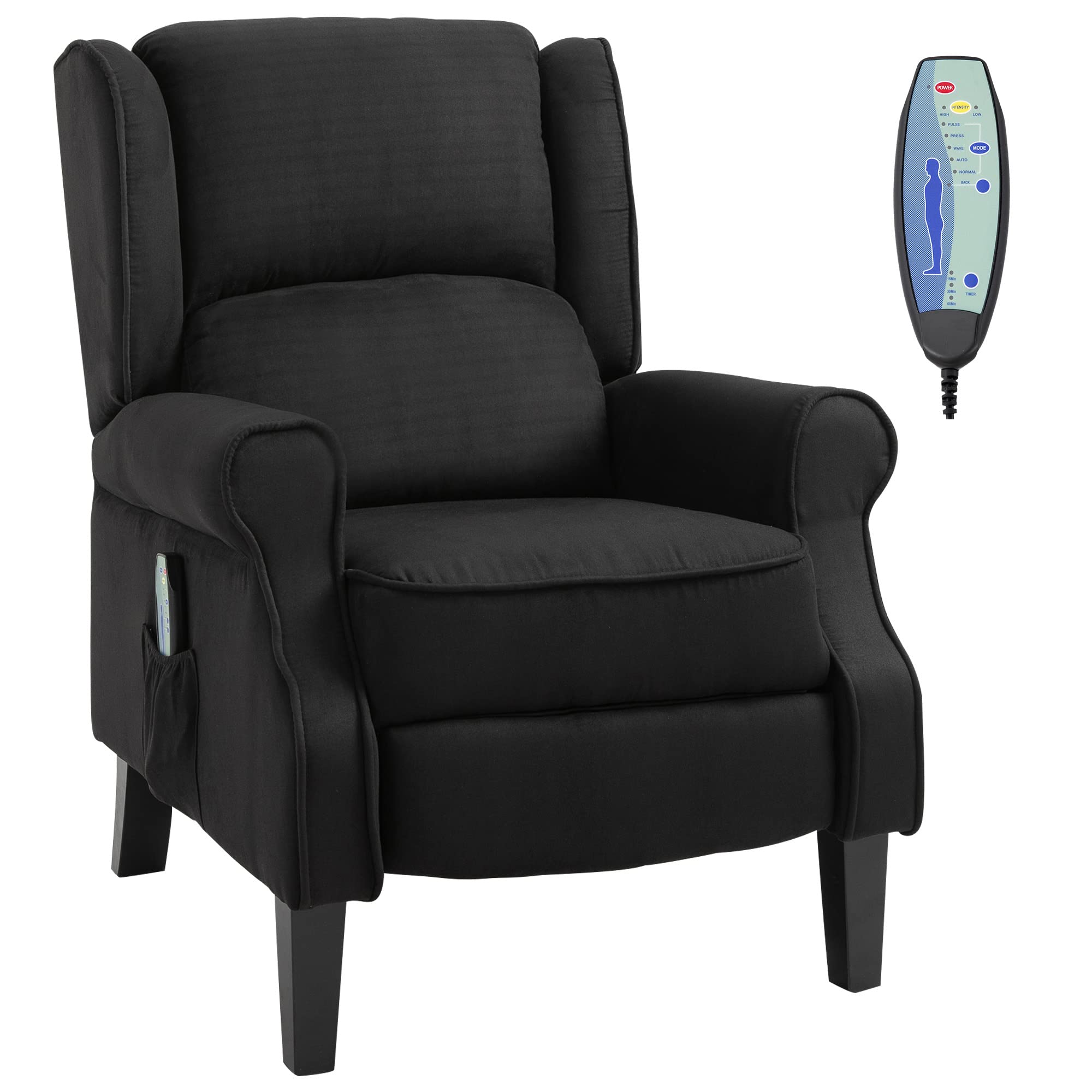HOMCOM Sillón de Masaje Sillón Relax Reclinable con Mando a Distancia 2 Zonas de Masaje Bolsillo Lateral y Tapizado en Tejido de Ante 78x83x101 cm Negro