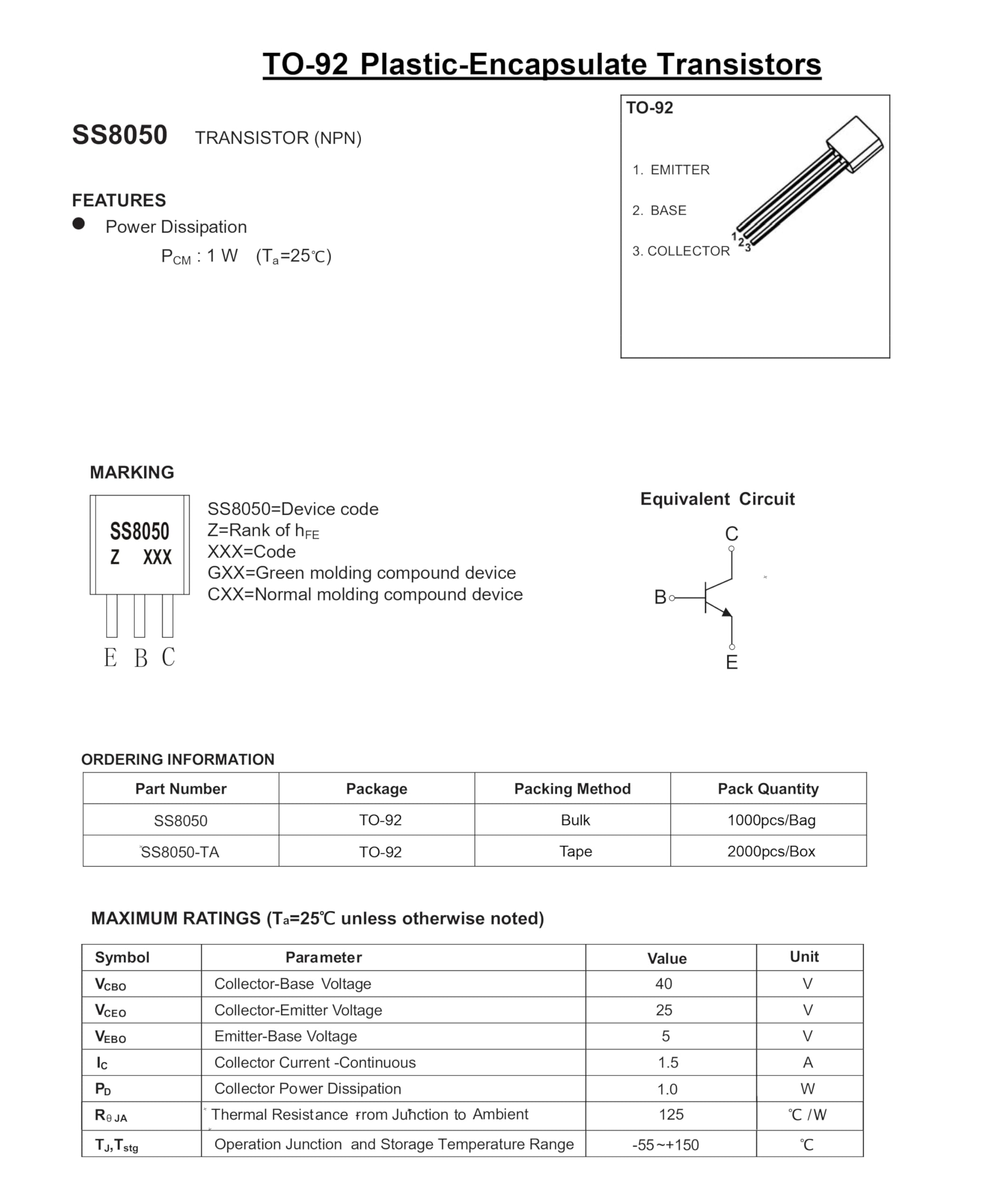Paquet De 20 Transistors SS8050D NPN TO-92 - 25V, 1500mA, 1000mW, HFE 160-300 - Pour Circuits électroniques