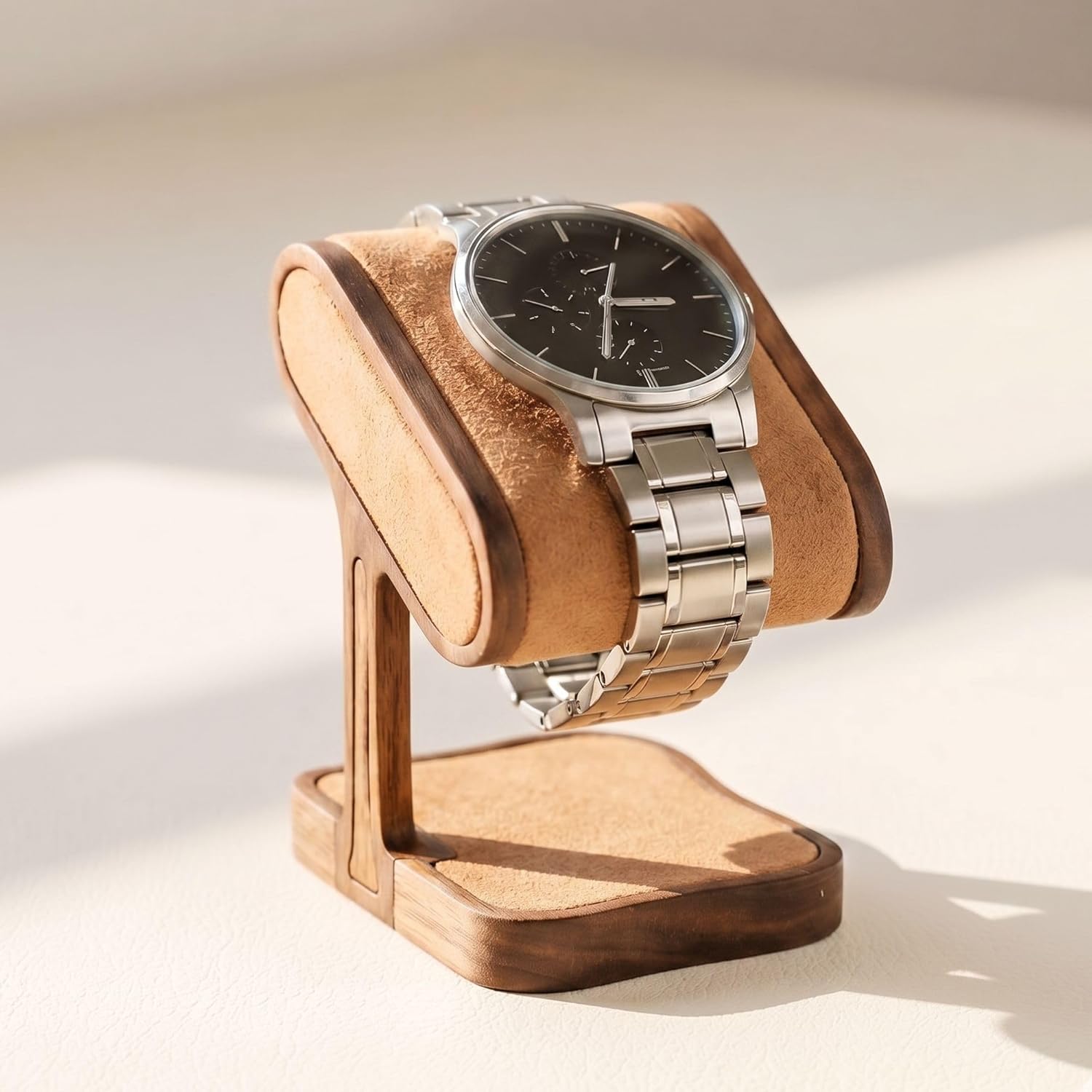 Wooden Watch Stand, Walnut Wood Watch Holder with Suede Cushion, Desk Watch Display Stand for Men, Minimal Watch Organizer Gift