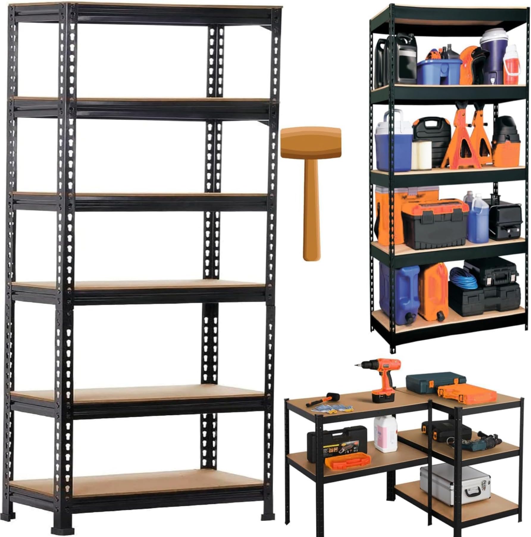 JD FRESH 6 Tier Iron Rack for Storage/Adjustable Metal Shelf with Wooden Plank/Multipurpose Racks/Garage Rack and Shelves/Boltless Shelves(Black)