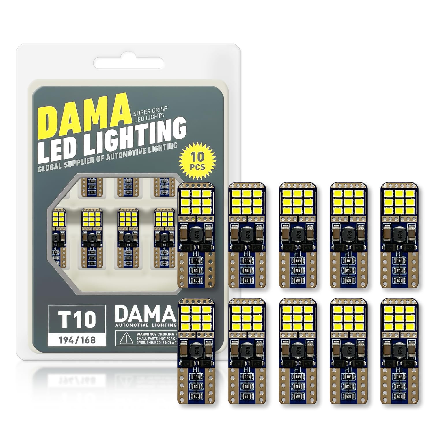 DAMA ECO 194 T10 Wedge LED Light Bulbs CANbus Error Free 6000K 18SMD 2016 Chipsets 12V 2.52W | Pack of 10
