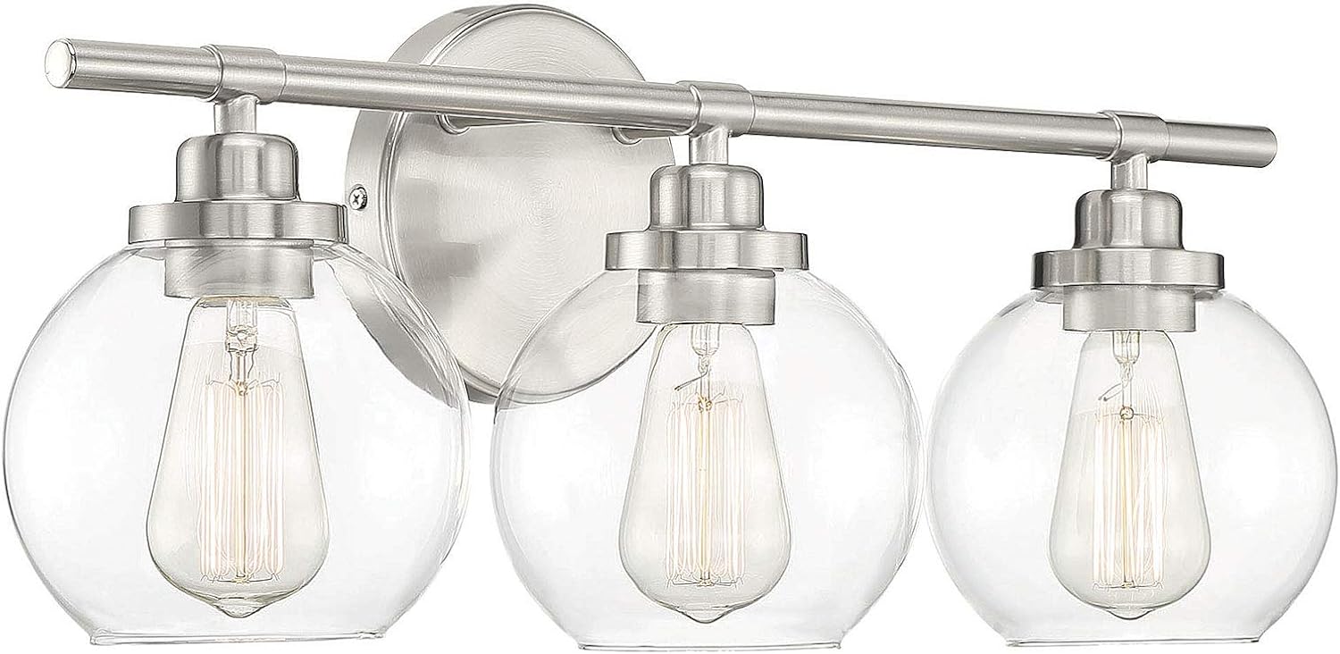 Savoy House 8-4050-3-SN Carson Mid-Century Modern Clear Glass Bathroom Vanity, 3-Light 180 Total Watts, 9" H x 23" W, Satin Nickel