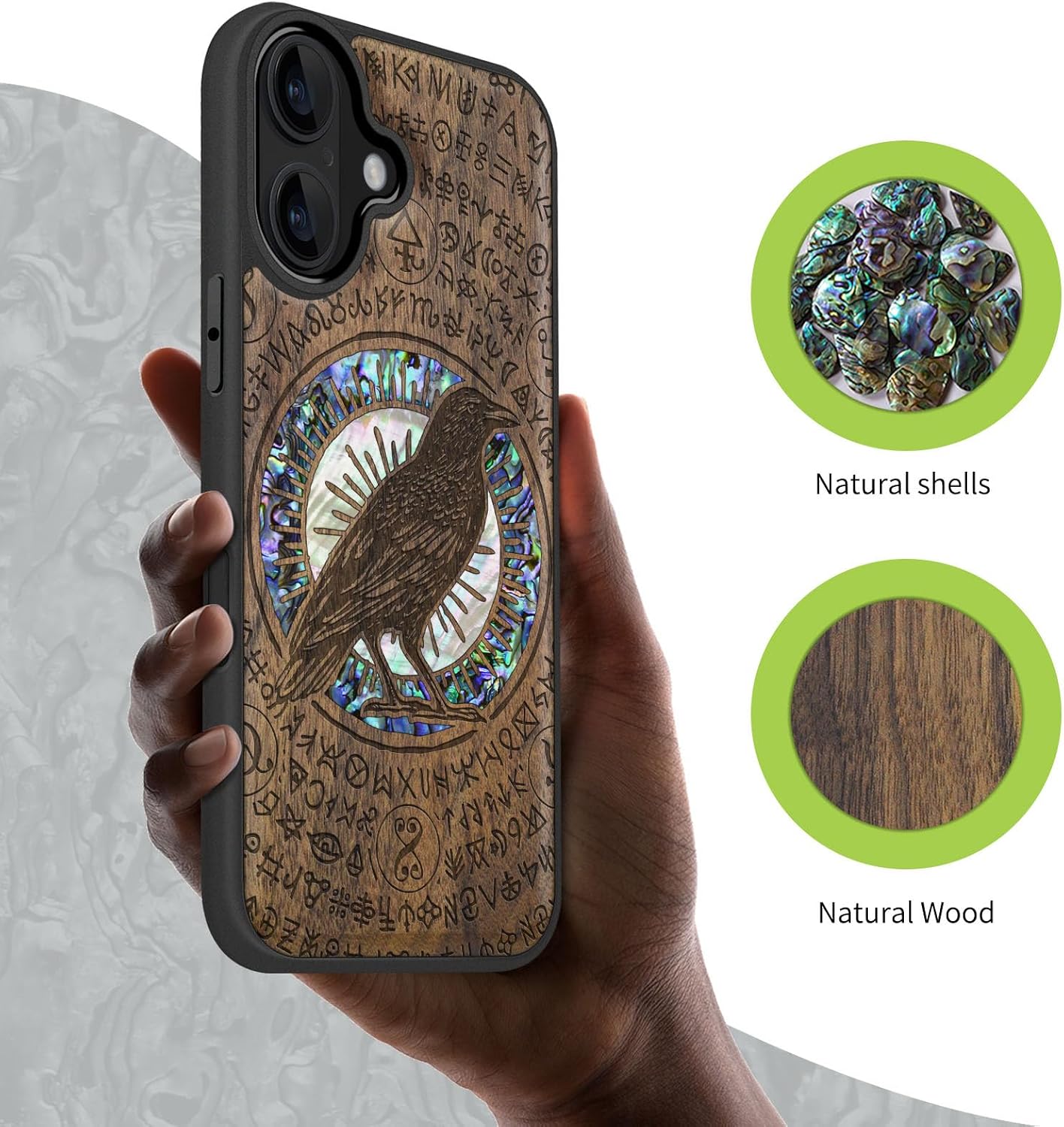Carveit Magnetic Wooden Case for iPhone 16 Case, Wood Artisan Engraved & Handmade Shell Inlaid, TPU Shockproof Cover, Compatible with MagSafe Wireless Chargers (Haloed Crow) Walnut
