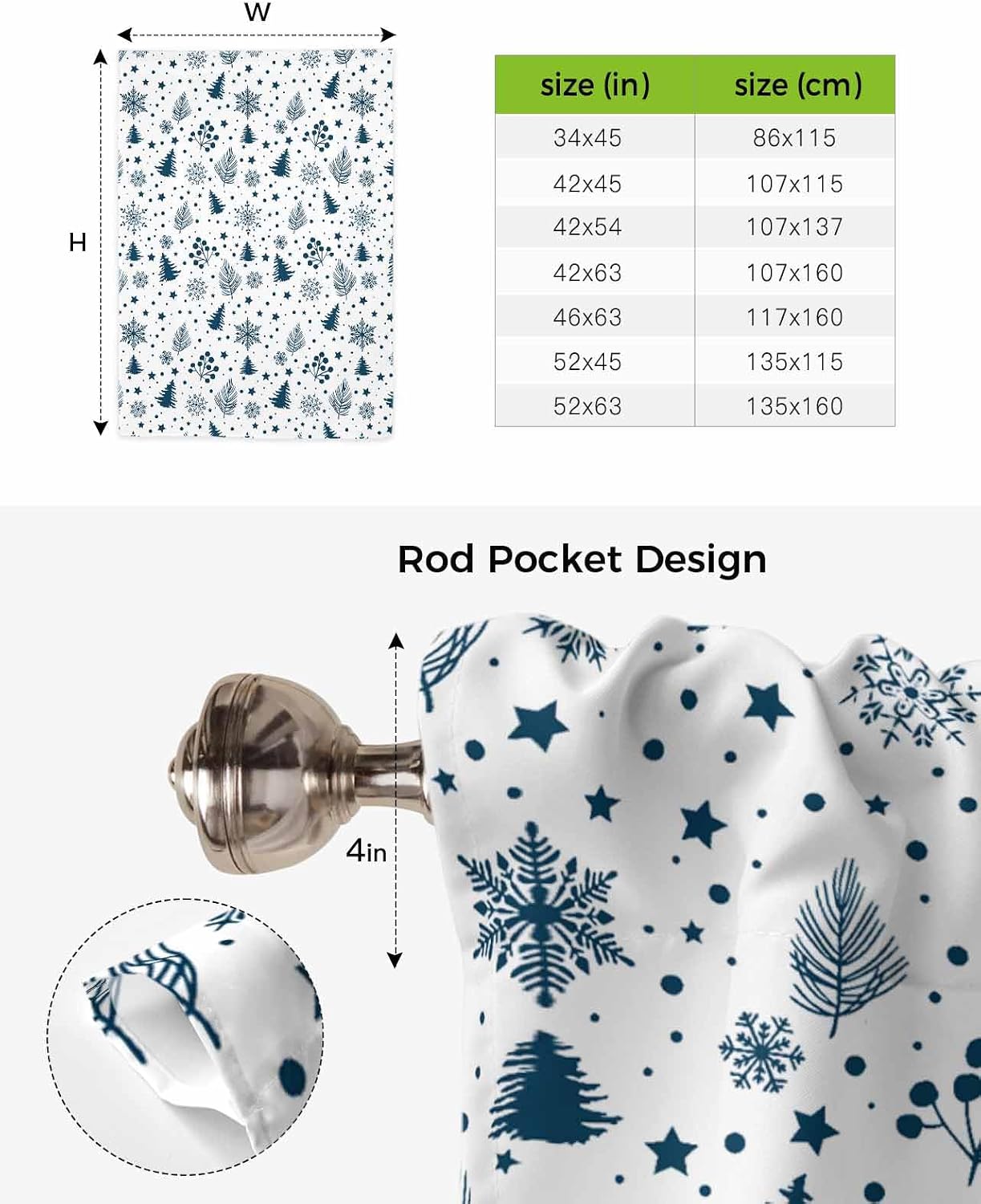 Christmas Snowflake White Tie Up Curtain for Window Blackout Balloon Valance Curtain for Bathroom Winter Botanical Xmas Tree Berry Adjustable Window Shade for Kitchen Living Room Bedroom 52"Wx63"L