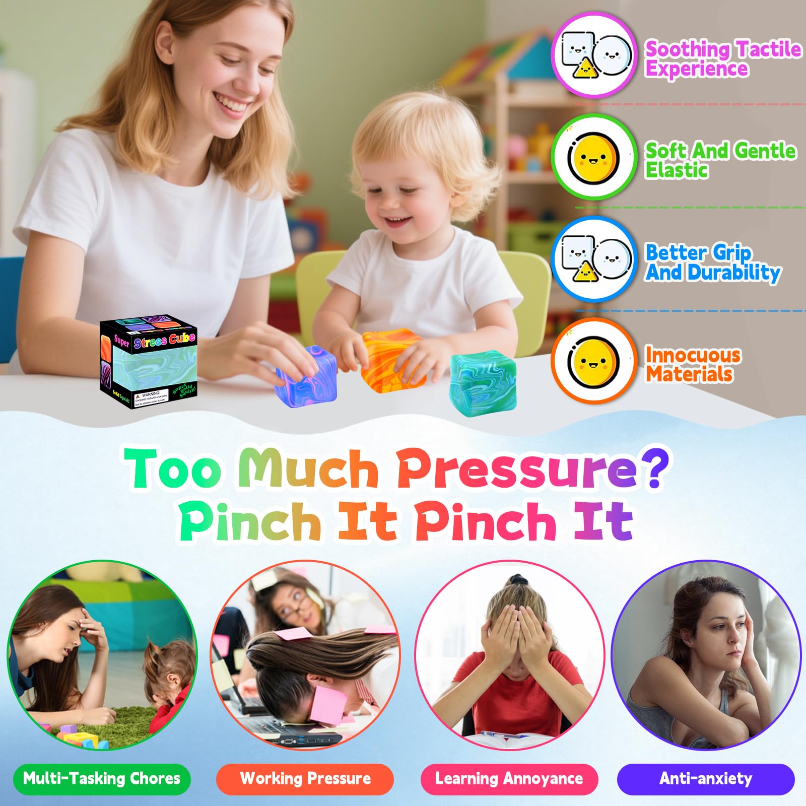 Pipihome 3PCS Fidget Toys Squishy Stress Doh Cube - Image 4