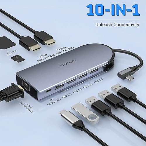 Miniatura 2 de Estación de acoplamiento para portátil con monitor doble, 10 en 1 USB C a HDMI dual 4K, USB 3.0, VGA, PD, SDTF, adaptador multipuerto USB Cestación