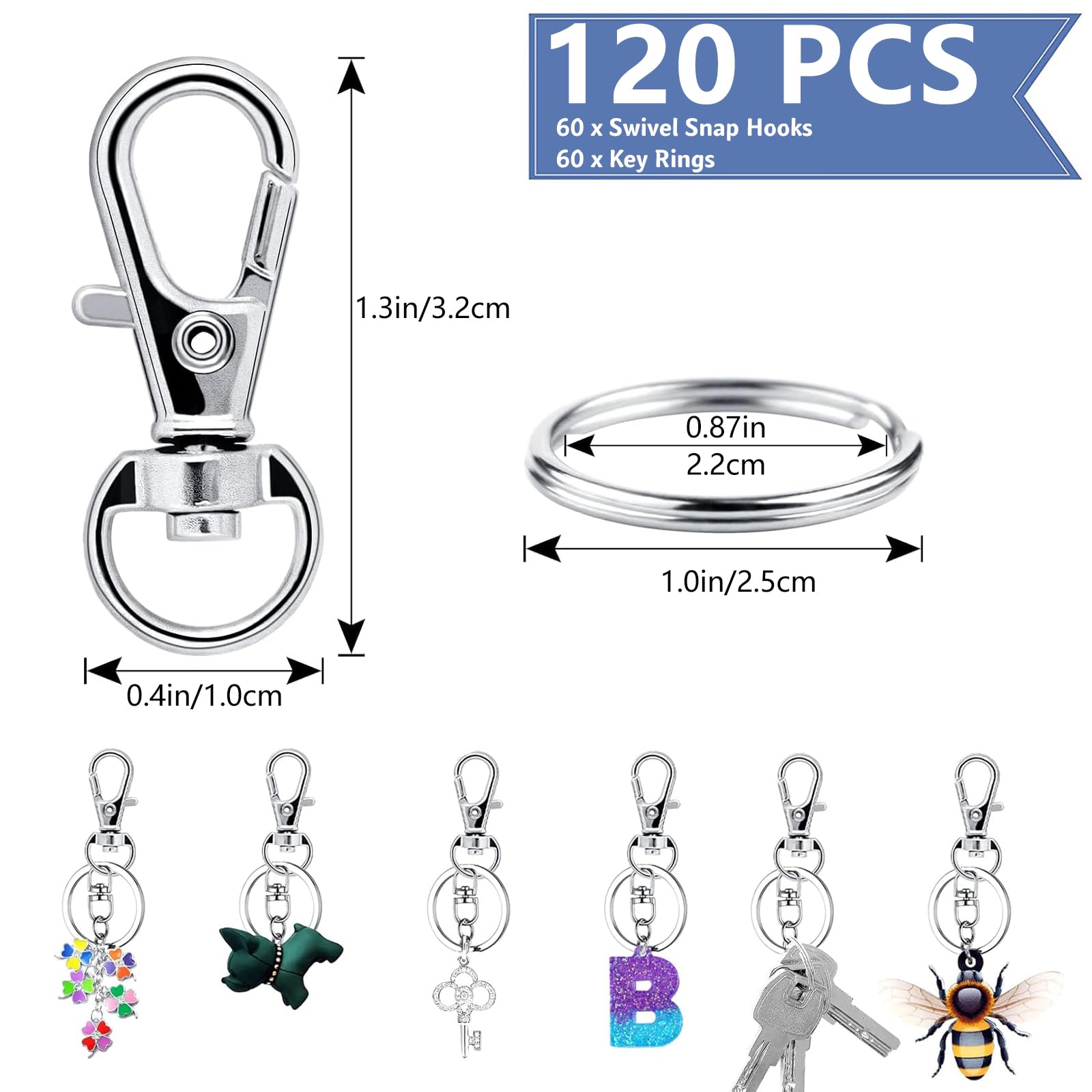 Moschettone Portachiavi Metallo, 120 Pezzi Moschettoni Piccoli Multiuso Incluso 60 Anelli Portachiavi e 60 Moschettone Girevole, Keychain Fai da Te per Bigiotteria (Argento)