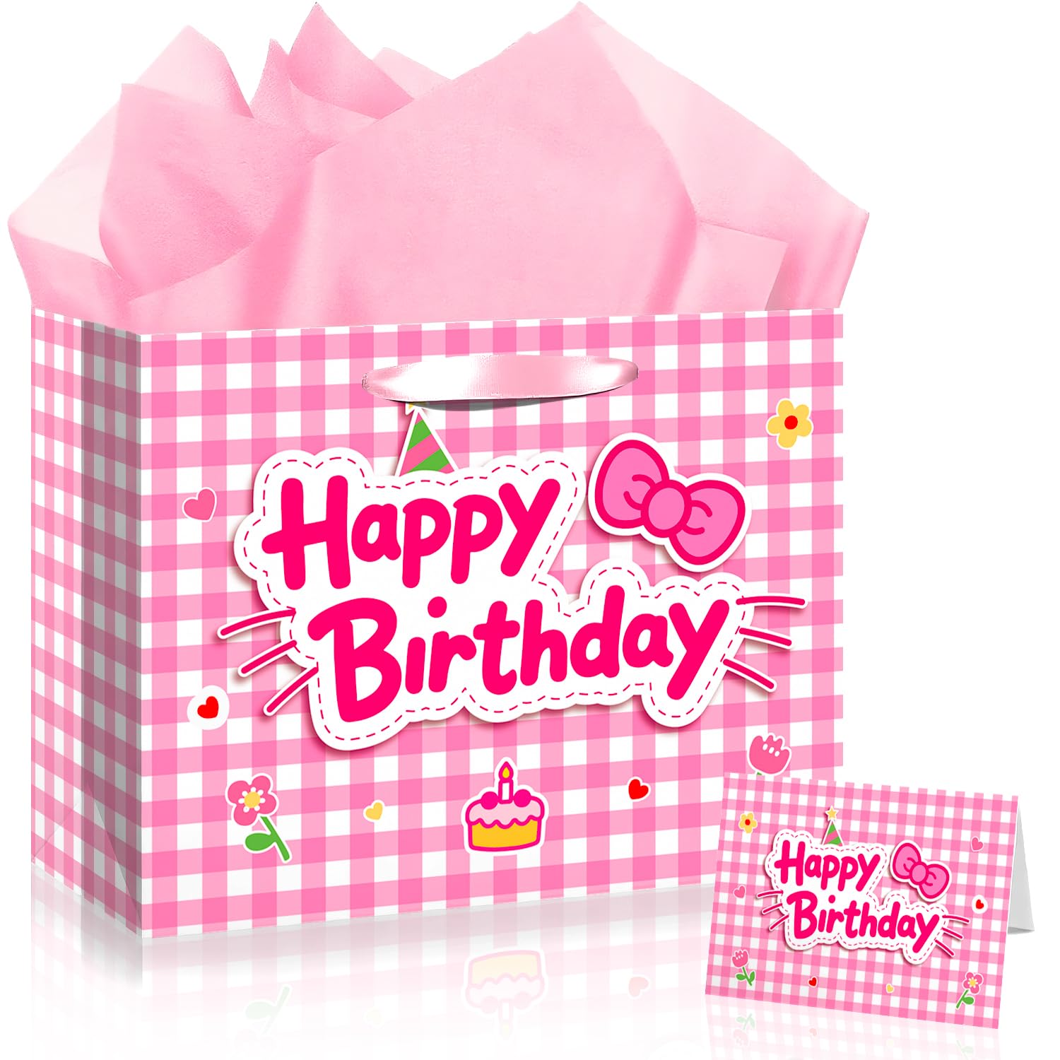 TQQBUU 12" Pink Birthday Gift Bags for Girls, with Cute Greeting Card and Tissue Paper for Party, Cat Party Favor Bag Cartoon Bag for Kids Baby Shower Party Favors Supplies, 11.8"×9.4"×5.3" - 1Pcs