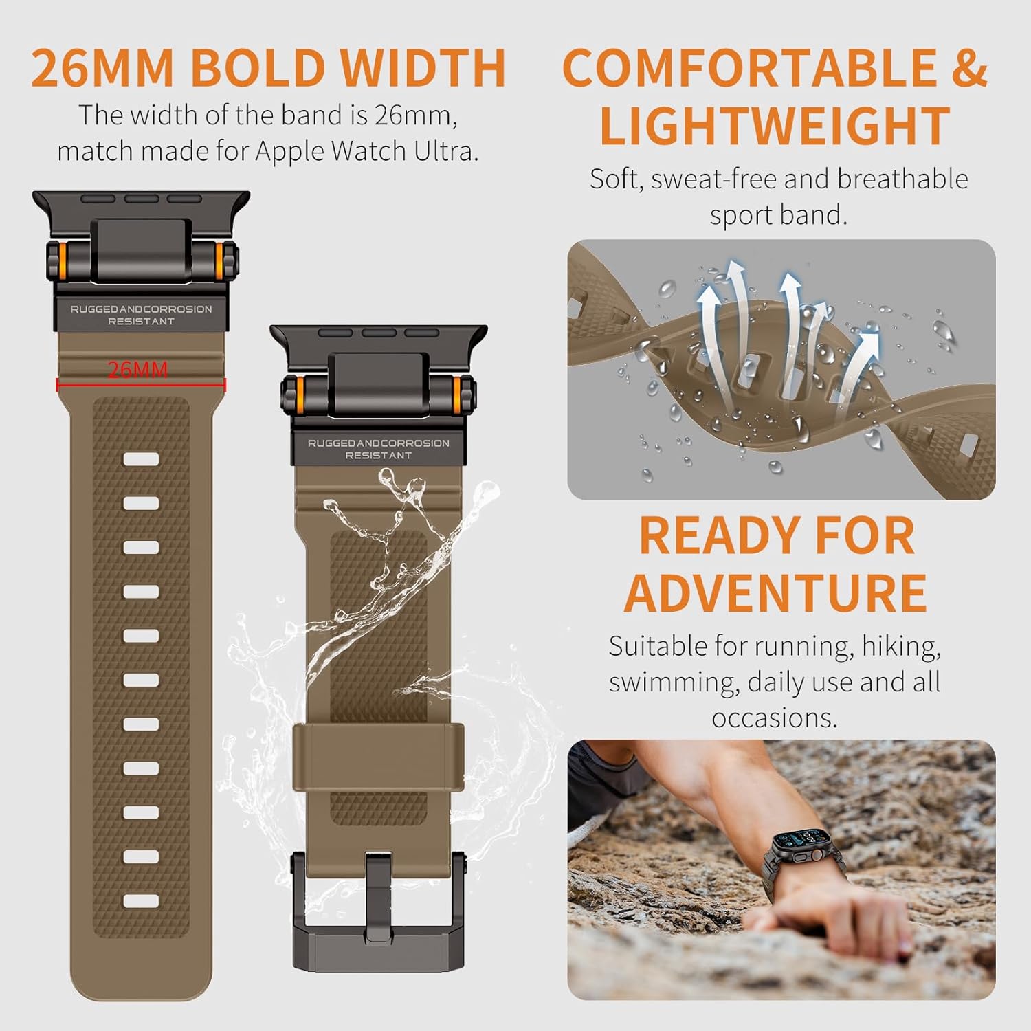FOAMUNOC Rugged Band Compatible with Apple Watch Ultra 3/2/1 Band 49mm/46mm/45mm/44mm/42mm, Metal Connector with Strap for iWatch Ultra Series 11/10/9/8/7/6/SE3/SE2/SE/5/4/3/2/1, Desert Tan/Black
