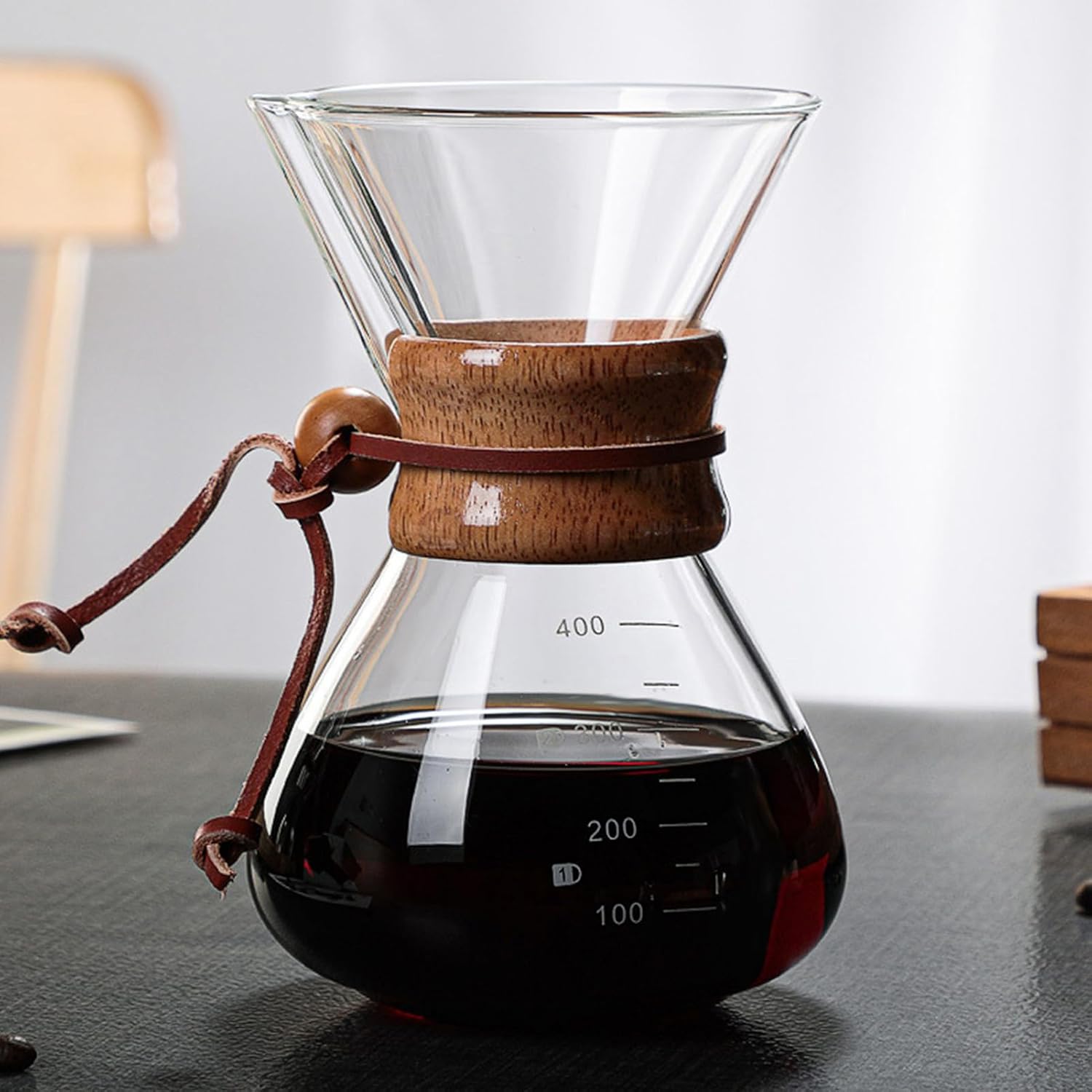 Pour Over Coffee Maker, High Borosilicate Glass Coffee Brewer, Wooden Sleeve 400ml Maker with Double Layer Filter & V Spout, Ideal for Home Cafe, Party & Office Travel