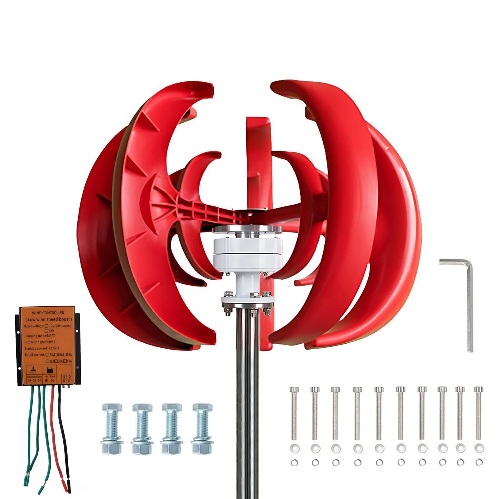 Generador Eólico Doméstico 100W 300W 500W, 12V 24V 48V Aerogenerador Vertical con Controlador, 5 Aspas Lanterna, Inicio 2m/s, Brida Estándar DN25 para Casa Jardín(48V,500W)