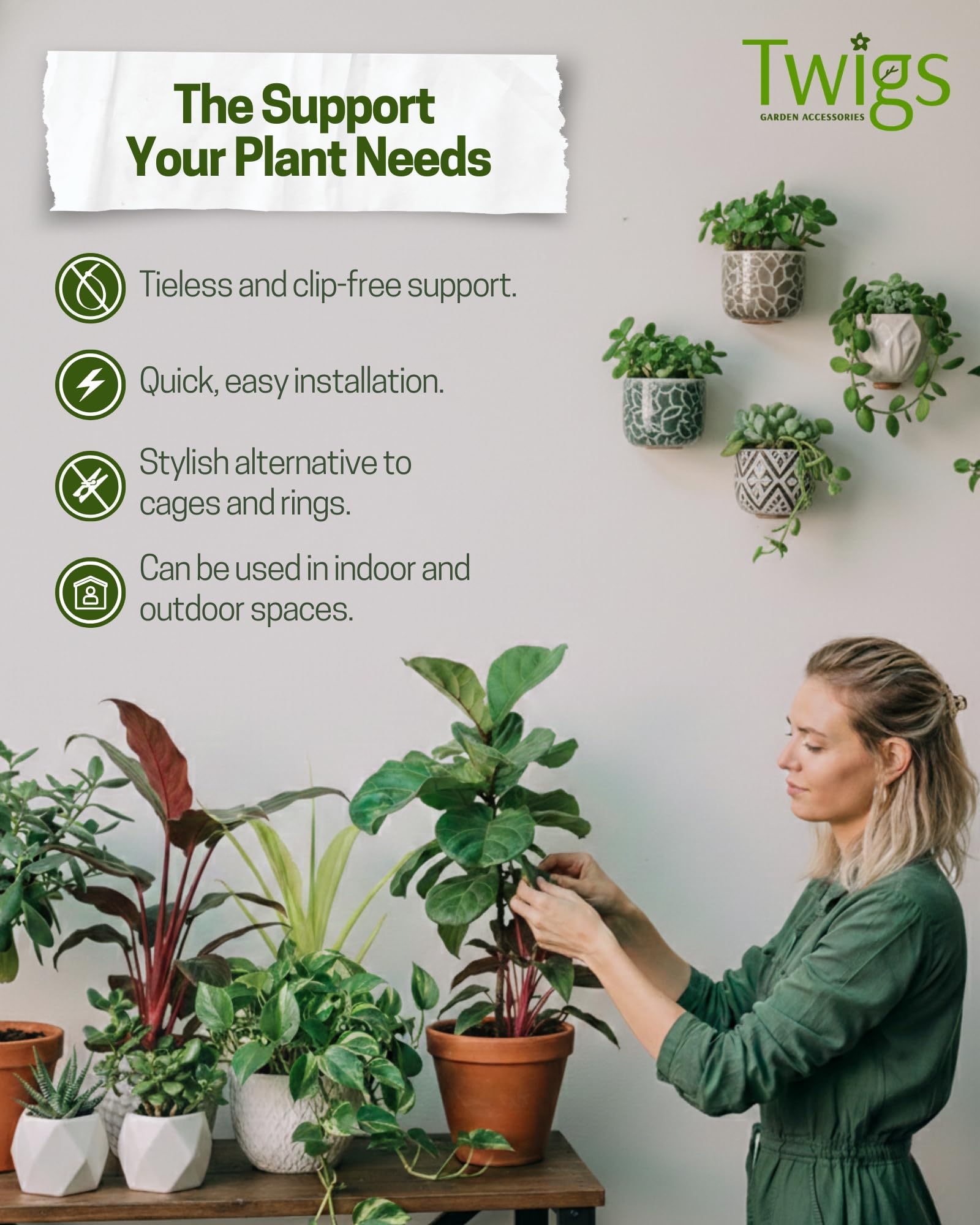 Twigs GA - Lot de 10 piquets de support empilables pour plantes d'intérieur, supports esthétiques pour plantes en pot, compositions florales et plus encore - Monstera (vert foncé) - 43,2 cm de long,