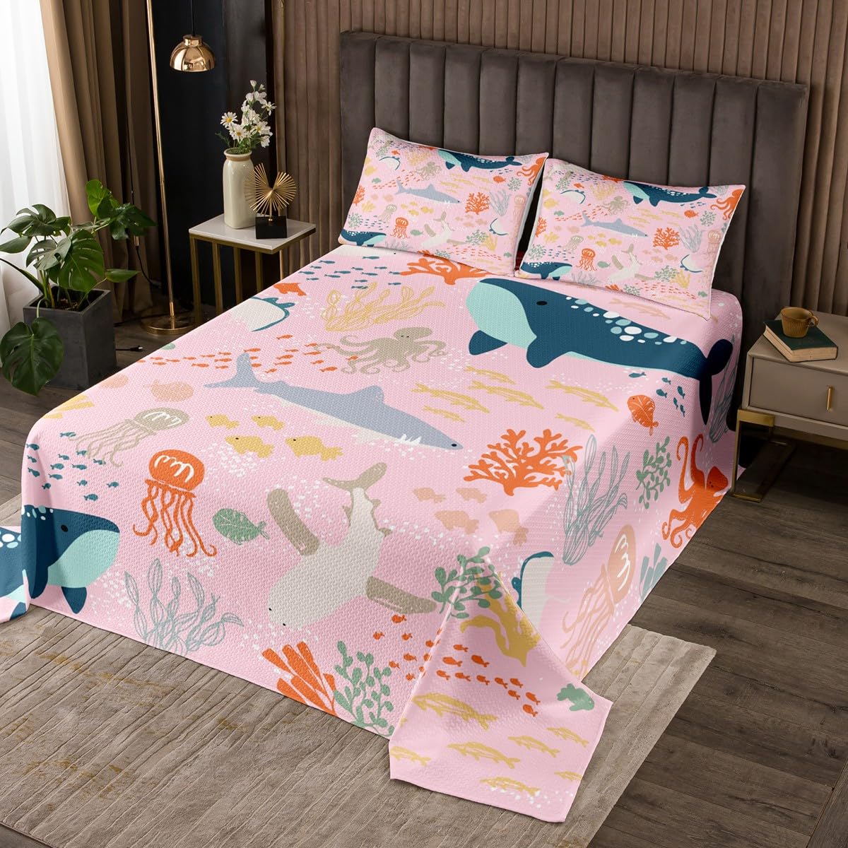 Castle Fairy Ocena Life Bedspread Twin Size,Sea Whale Fish Shark Bedding Set Colorful Coral Plant Comforter Set for Kids Girls Boys Teens Room Decor,Underwater World Animal Coverlet,1 Pillowcase