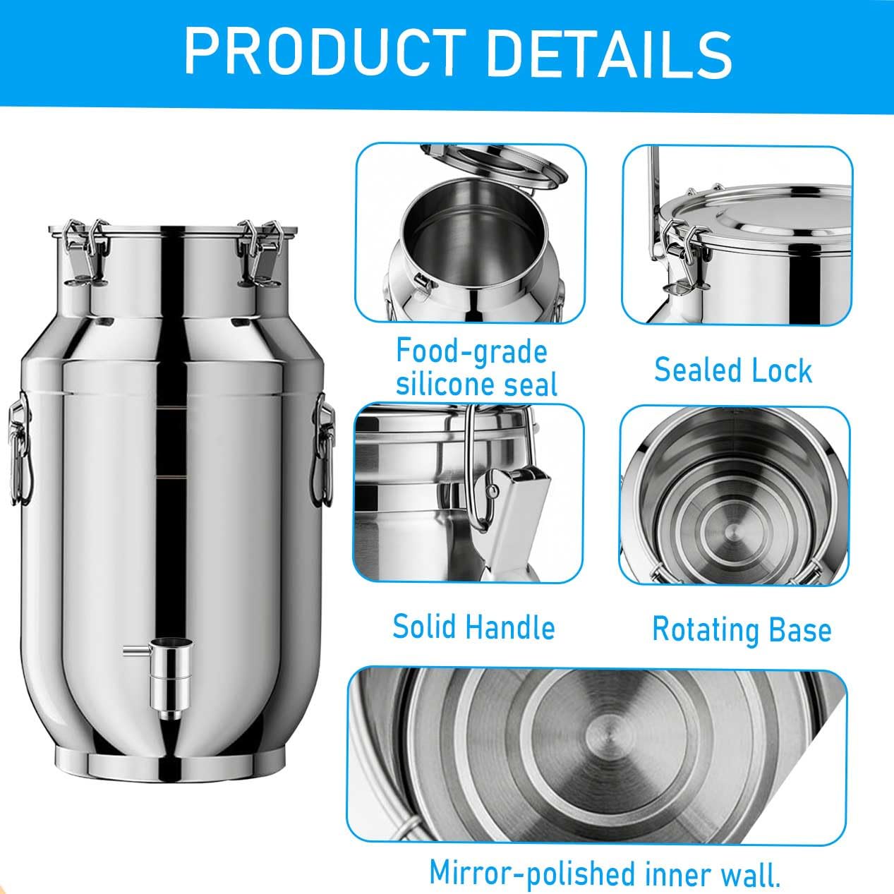Edelstahl kanister 10l mit hahn olivenöl Milk can with lid Edelstahl-milchkanne mit Deckel transportkanne mit spannverschluss und gummidichtung(Capacity,10L)