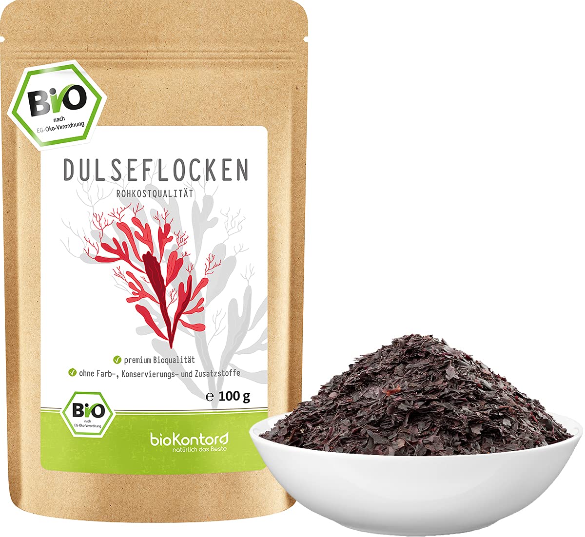 BIO Dulse Flocken 100g aus dem Atlantik | Dulse Algen aus Wildsammlung | 100% naturrein - Rohkost | vegan | palmaria palmata für Detox-Smoothie | Dulse von bioKontor