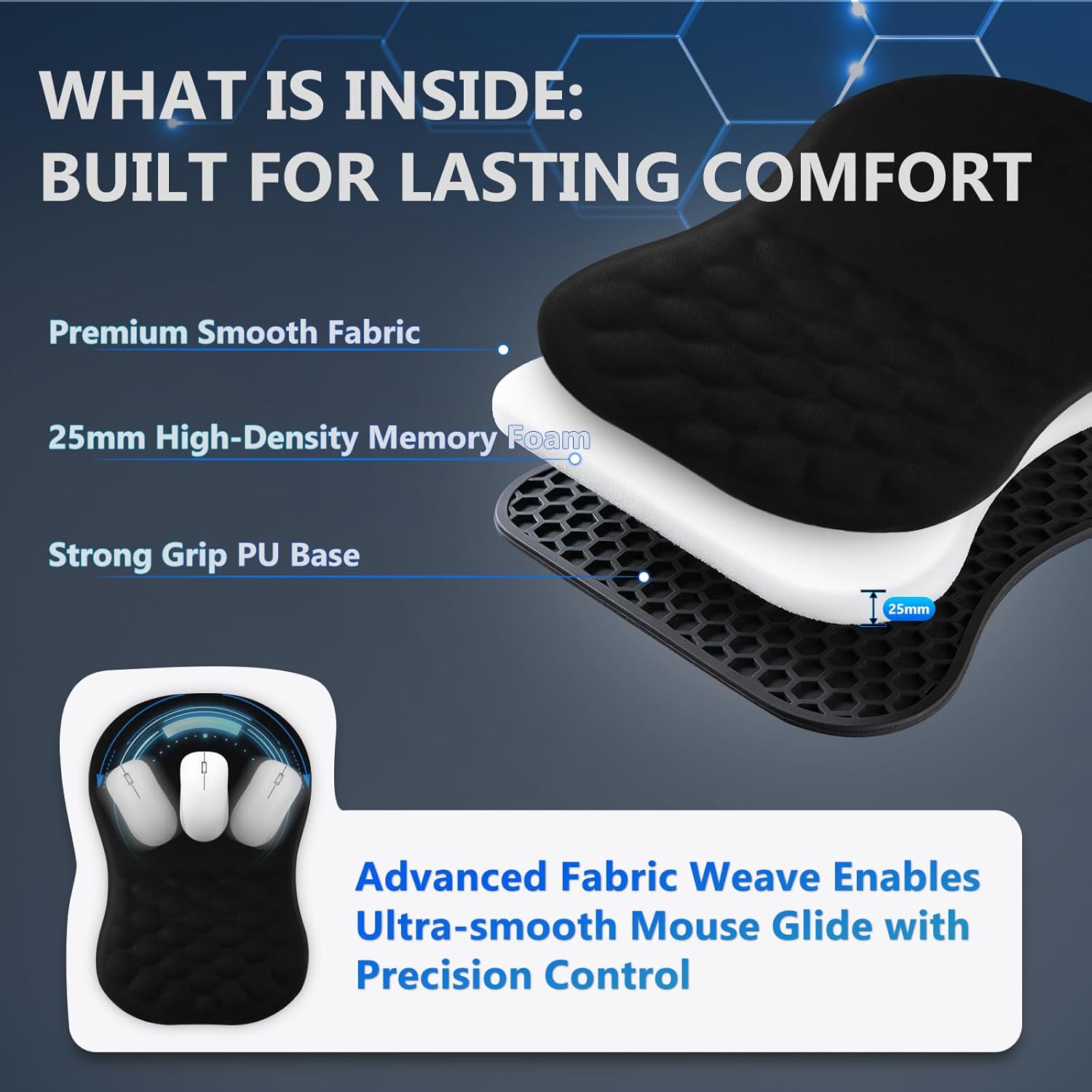 Ergonomic Mouse Pad with Wrist Rest, Dual-Slope Design for Pain Relief- Large 12x8 Inch Size with Reinforced Memory Foam & Non-Slip Base for Office Desk/Gaming (Black) - Image 4